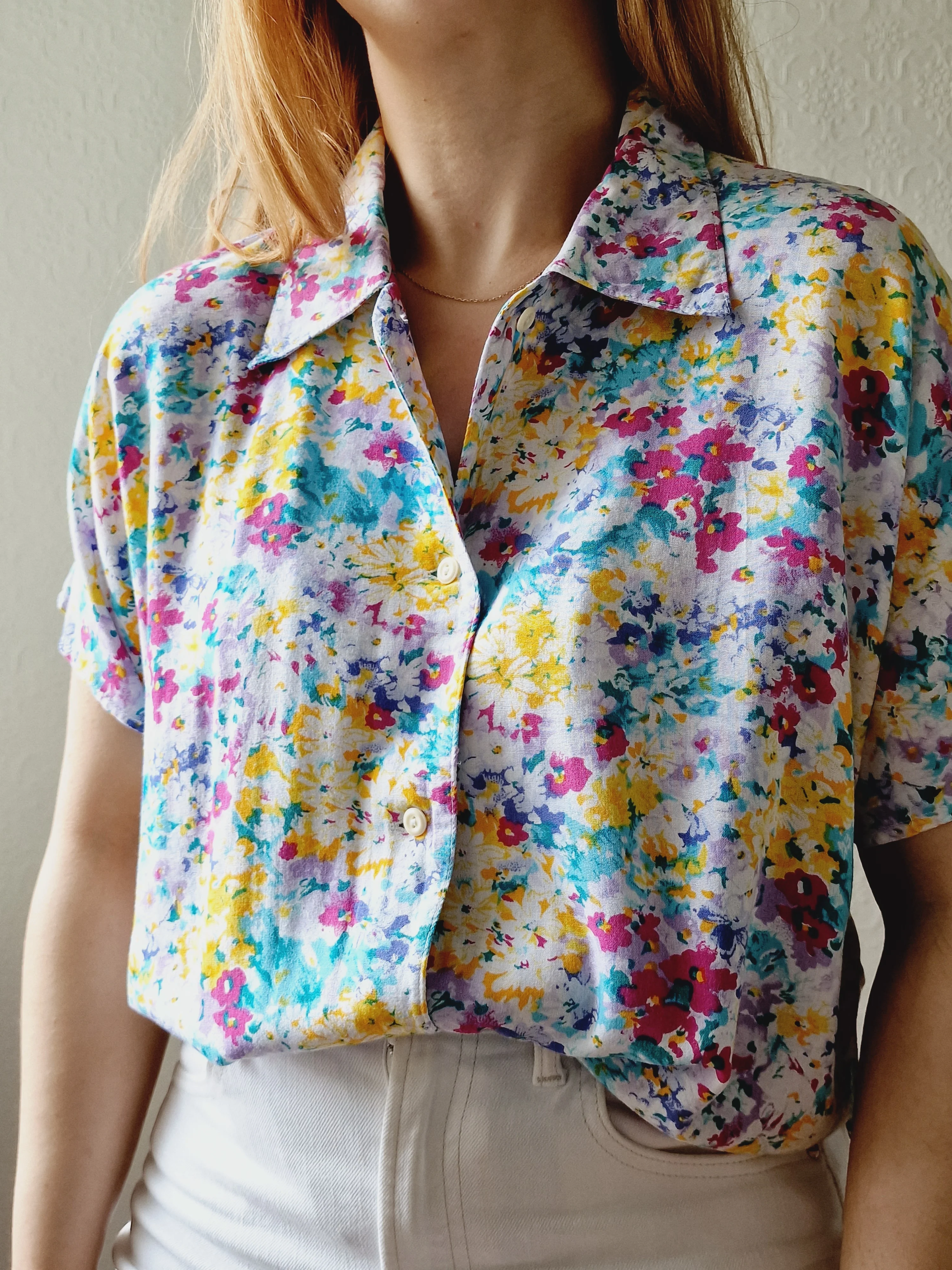 Vintage 90s Multicoloured Floral Pattern Short Sleeve Blouse - M - Image 6