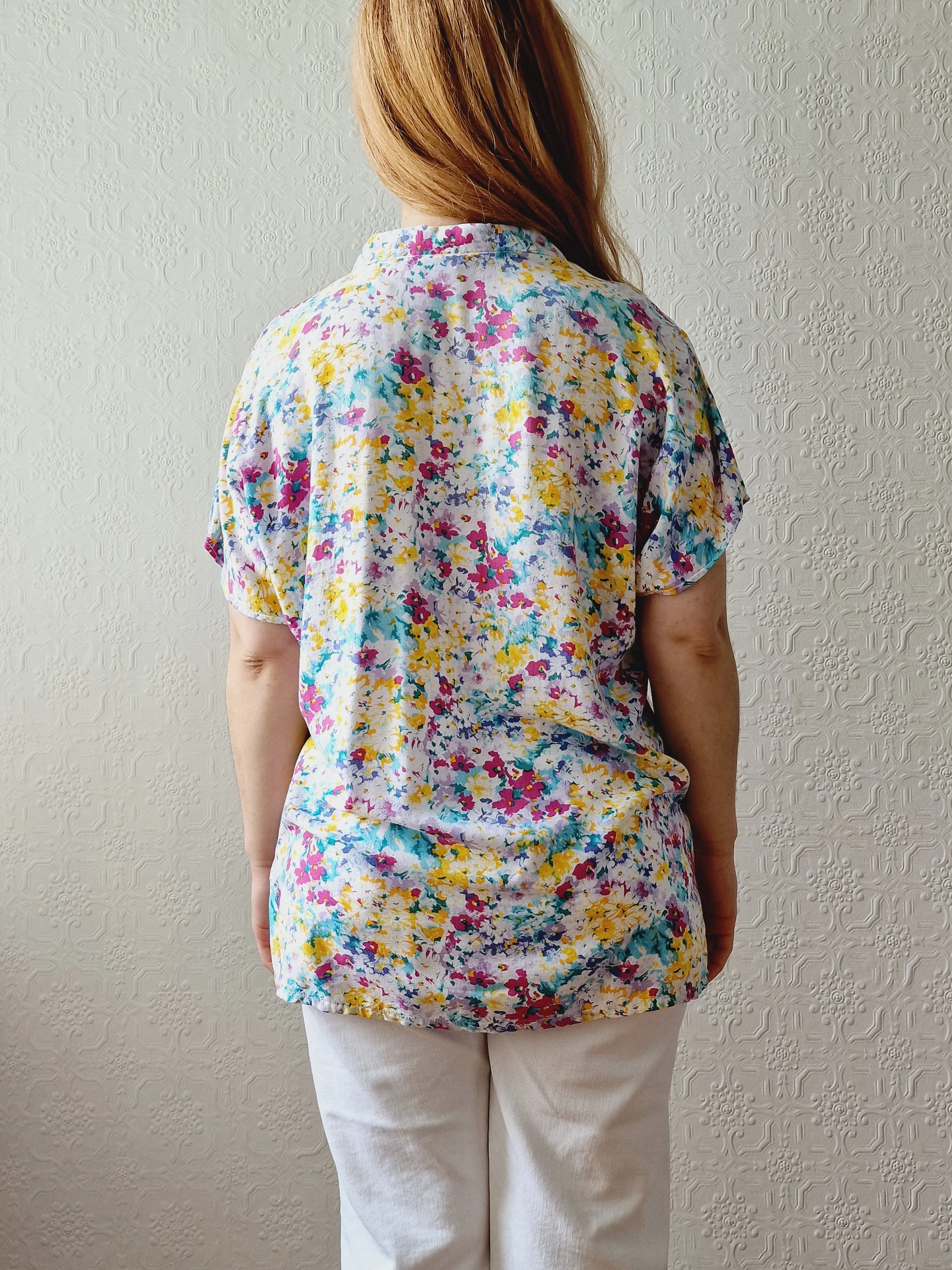 Vintage 90s Multicoloured Floral Pattern Short Sleeve Blouse - M - Image 7
