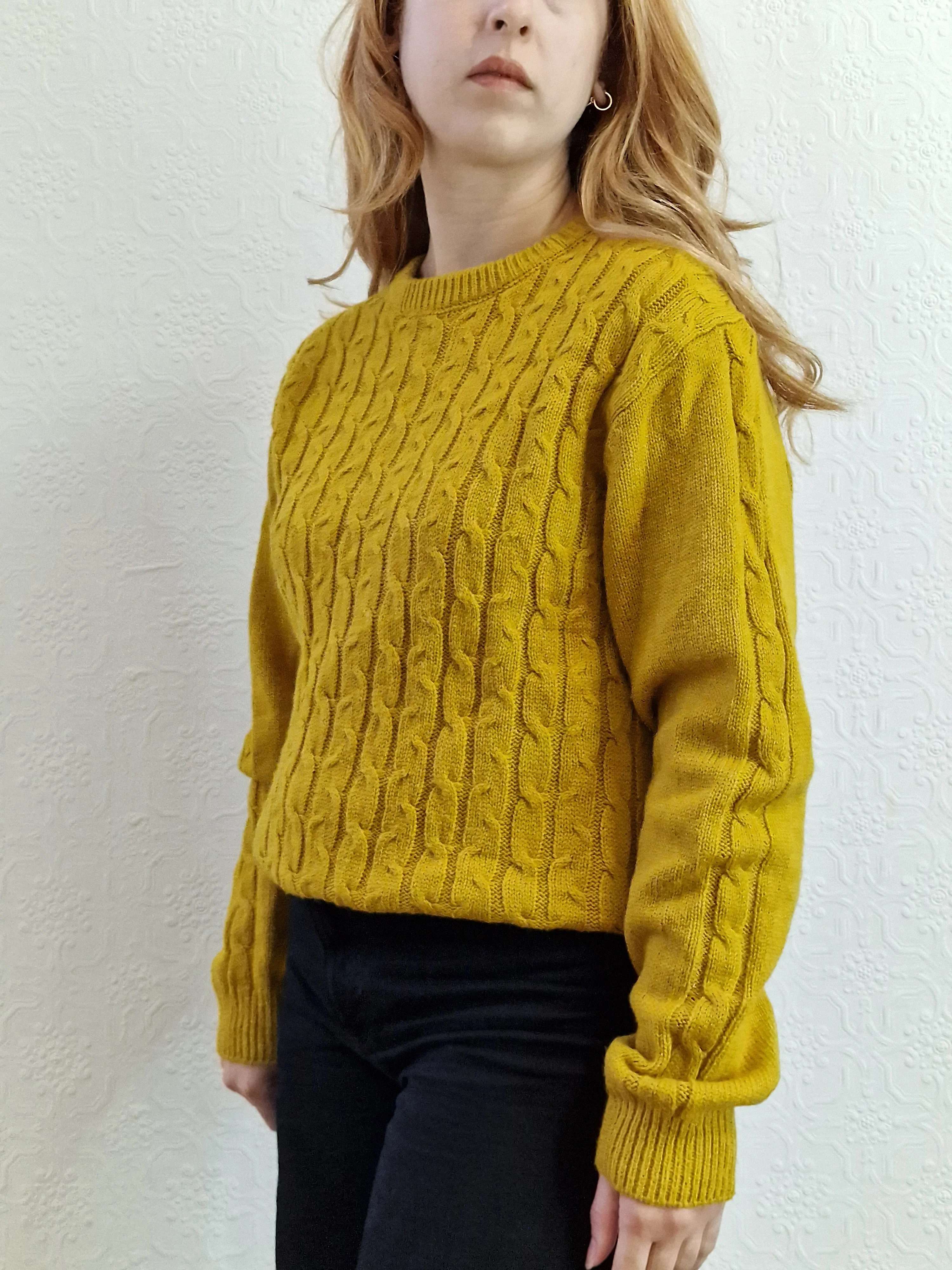 Vintage 90s Mustard Aran Style Cable Knit Jumper with Crew Neck - M/L - Image 2