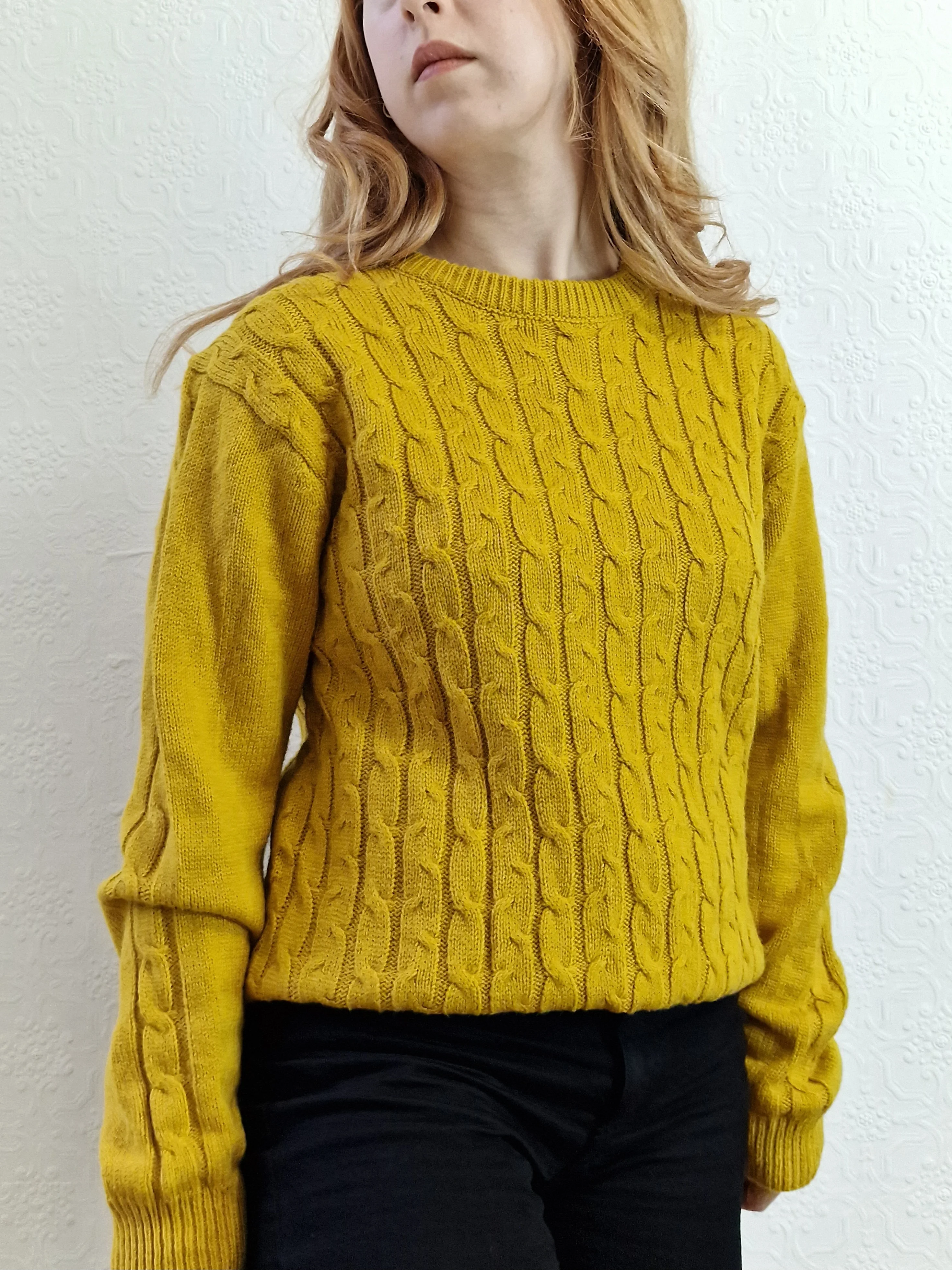 Vintage 90s Mustard Aran Style Cable Knit Jumper with Crew Neck - M/L - Image 4