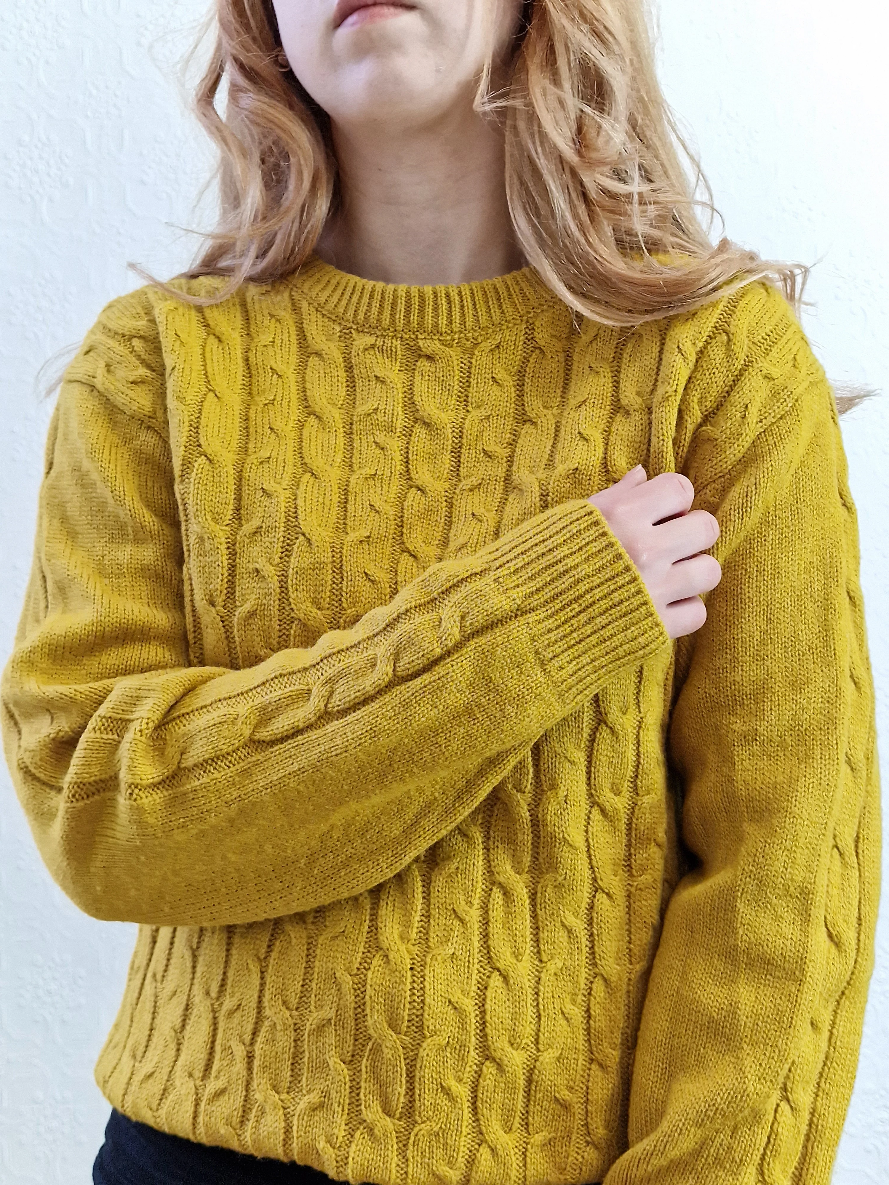 Vintage 90s Mustard Aran Style Cable Knit Jumper with Crew Neck - M/L - Image 5