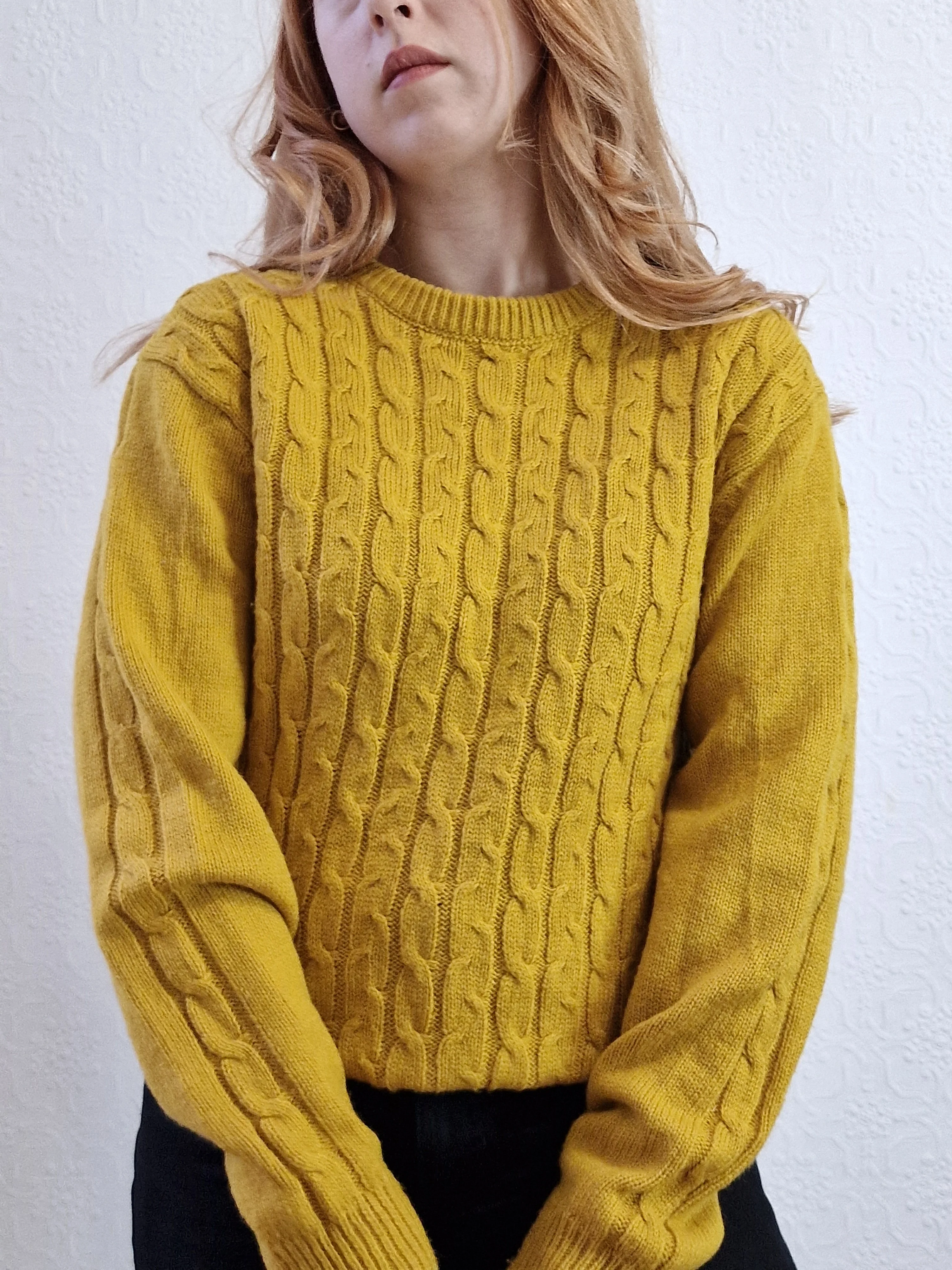 Vintage 90s Mustard Aran Style Cable Knit Jumper with Crew Neck - M/L - Image 6