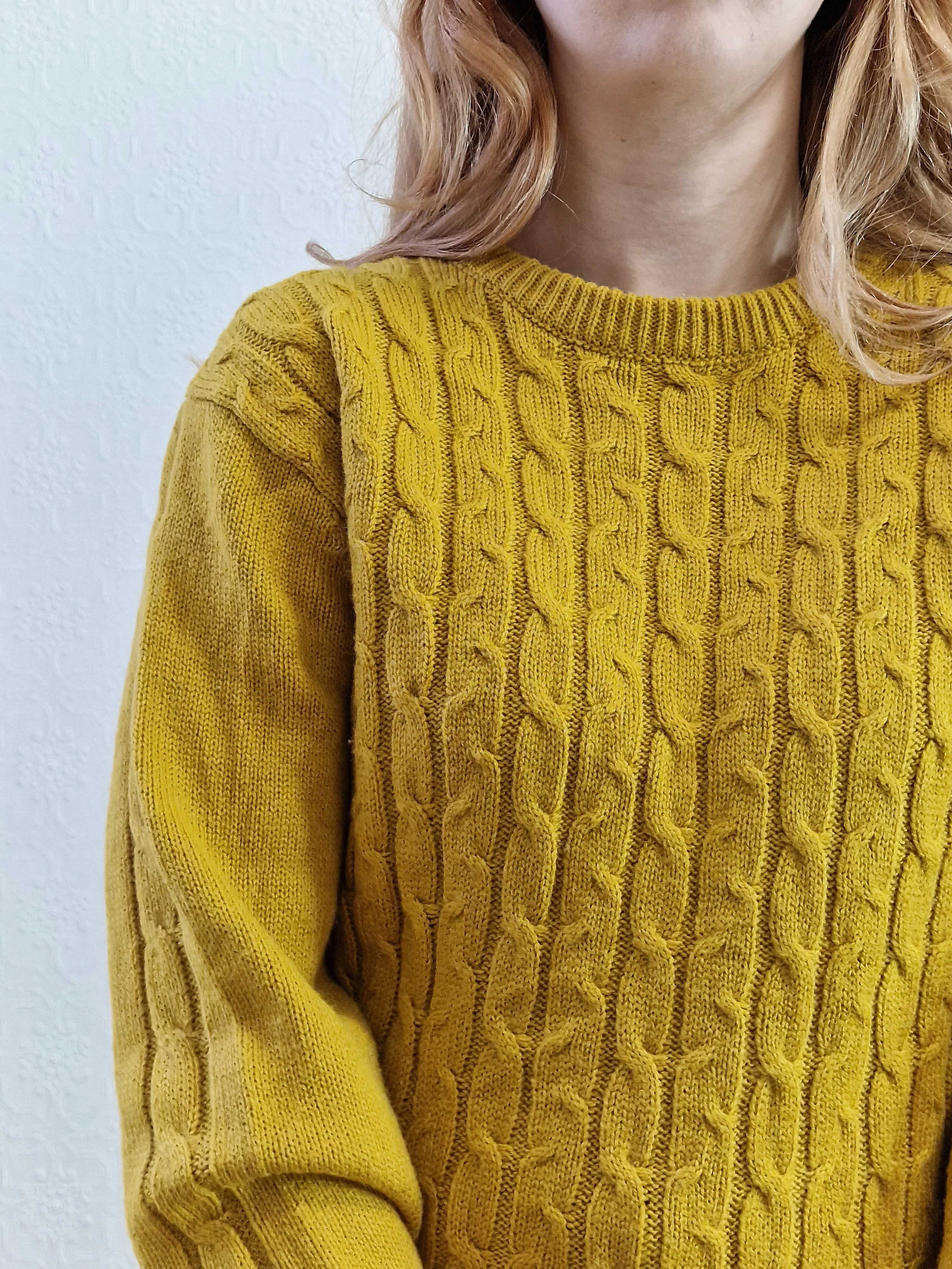 Vintage 90s Mustard Aran Style Cable Knit Jumper with Crew Neck - M/L - Image 7