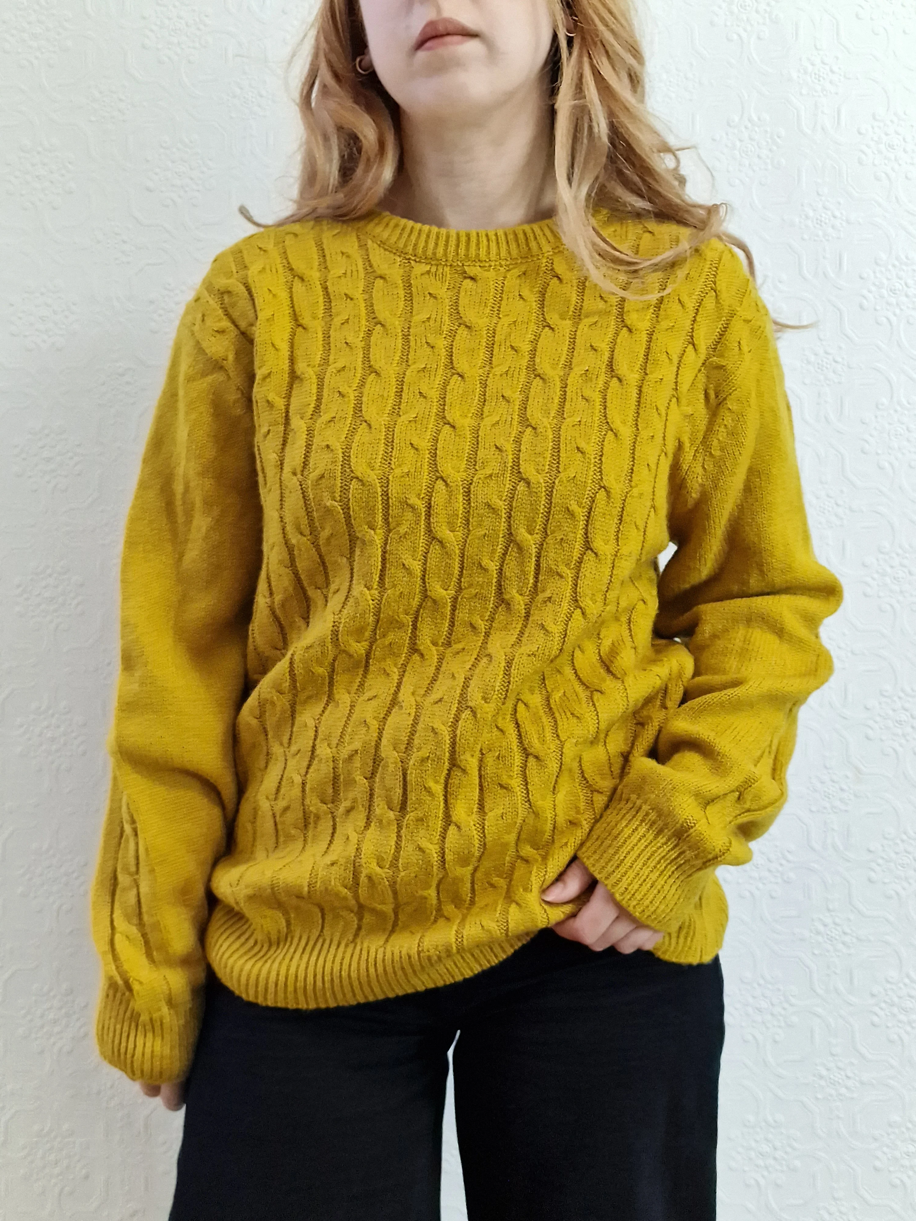 Vintage 90s Mustard Aran Style Cable Knit Jumper with Crew Neck - M/L - Image 8