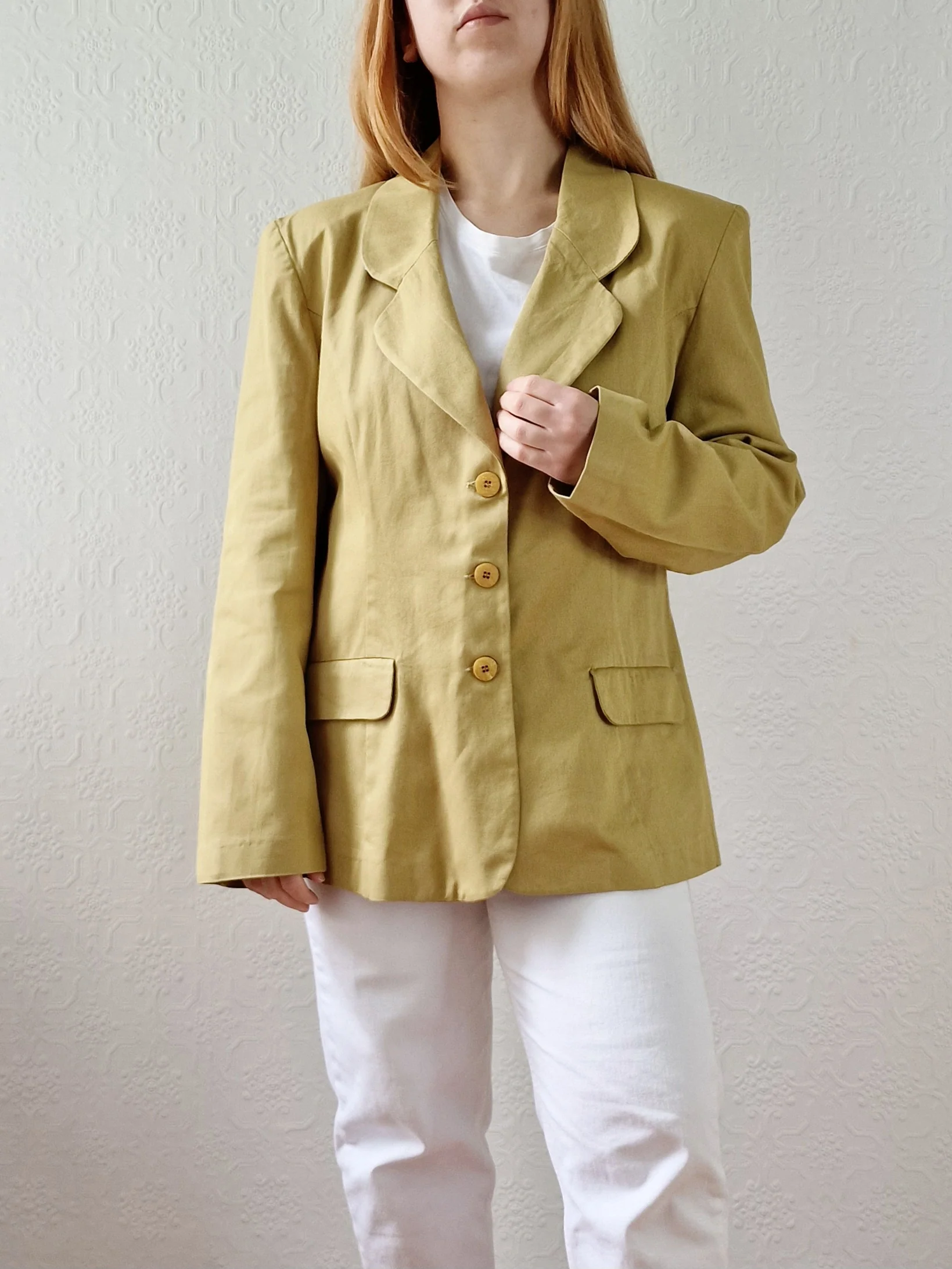 Vintage 90s Mustard Lightweight Cotton Blazer Style Jacket - M - Image 3