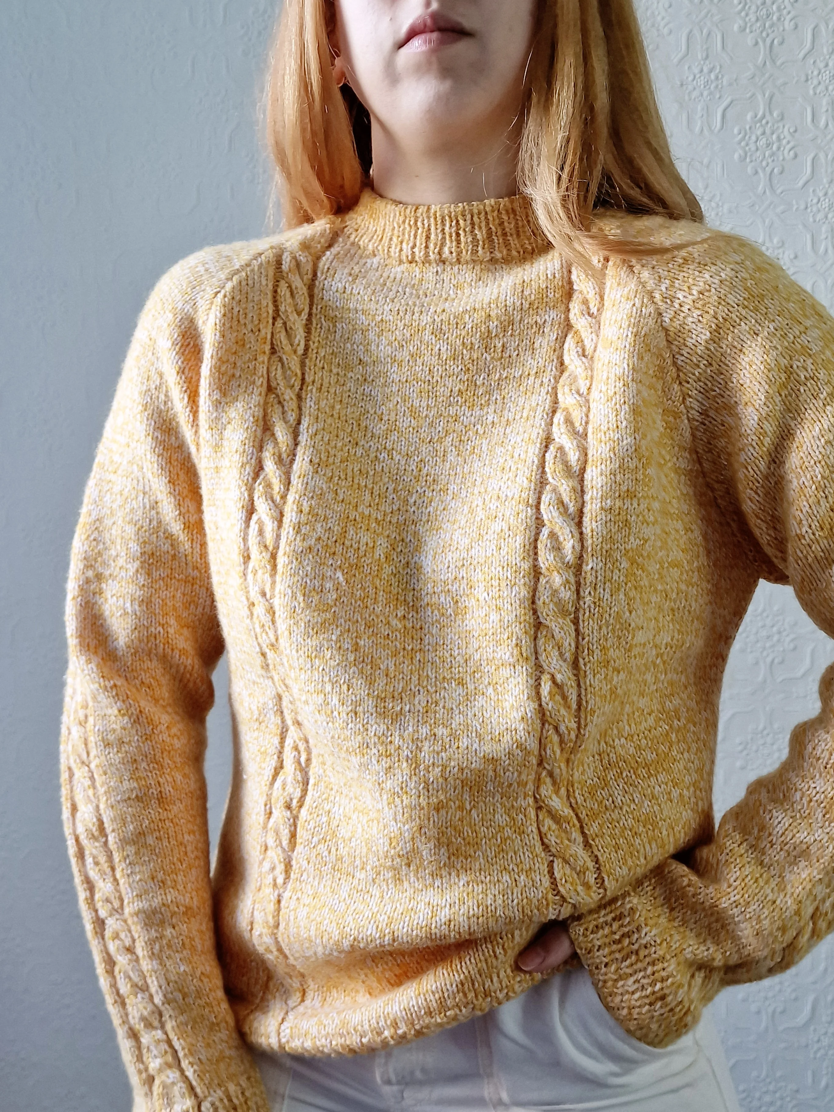 Vintage 90s Mustard Yellow Aran Style Cable Knit Jumper with Crew Neck - M - Image 2