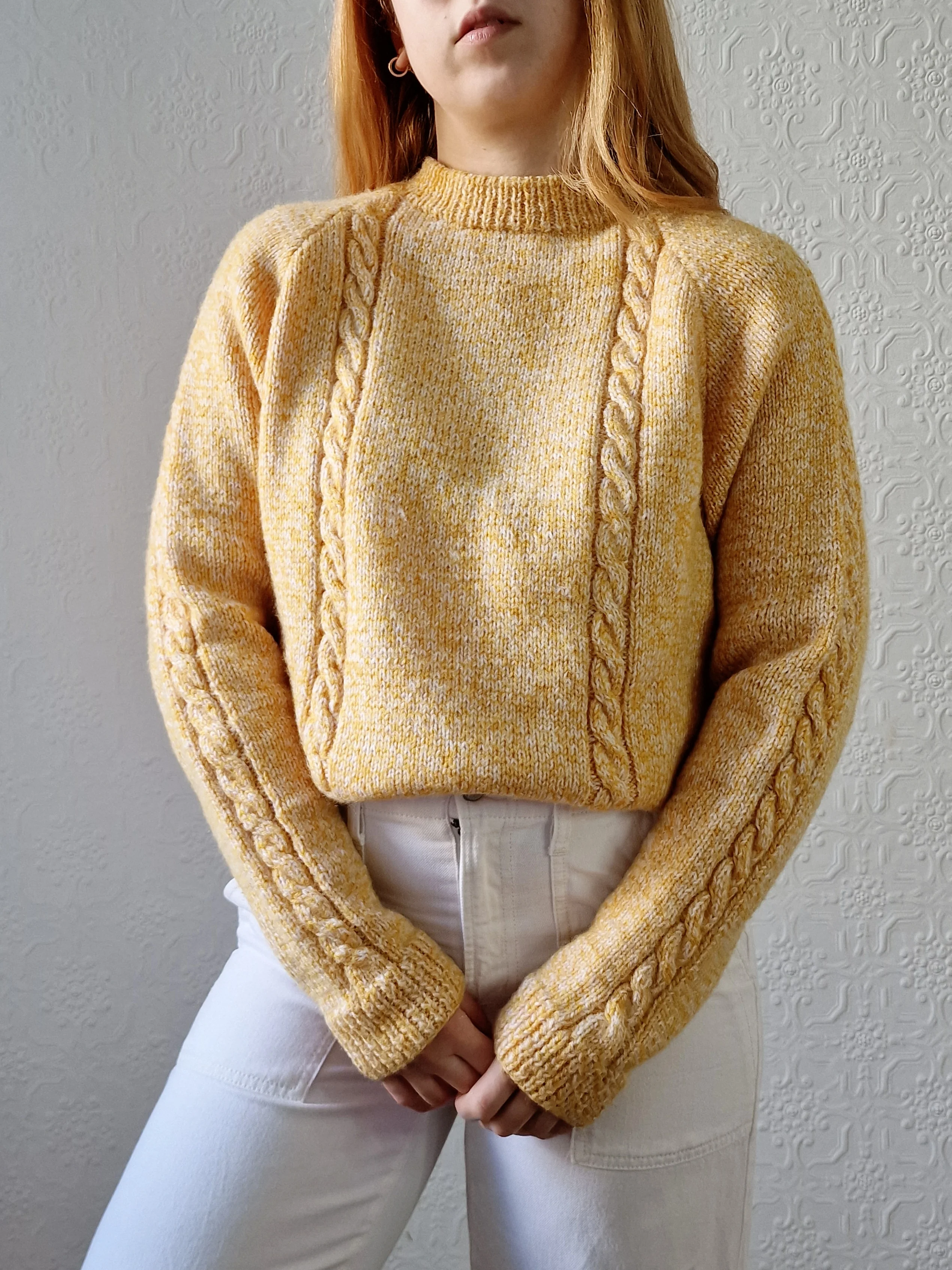 Vintage 90s Mustard Yellow Aran Style Cable Knit Jumper with Crew Neck - M - Image 4