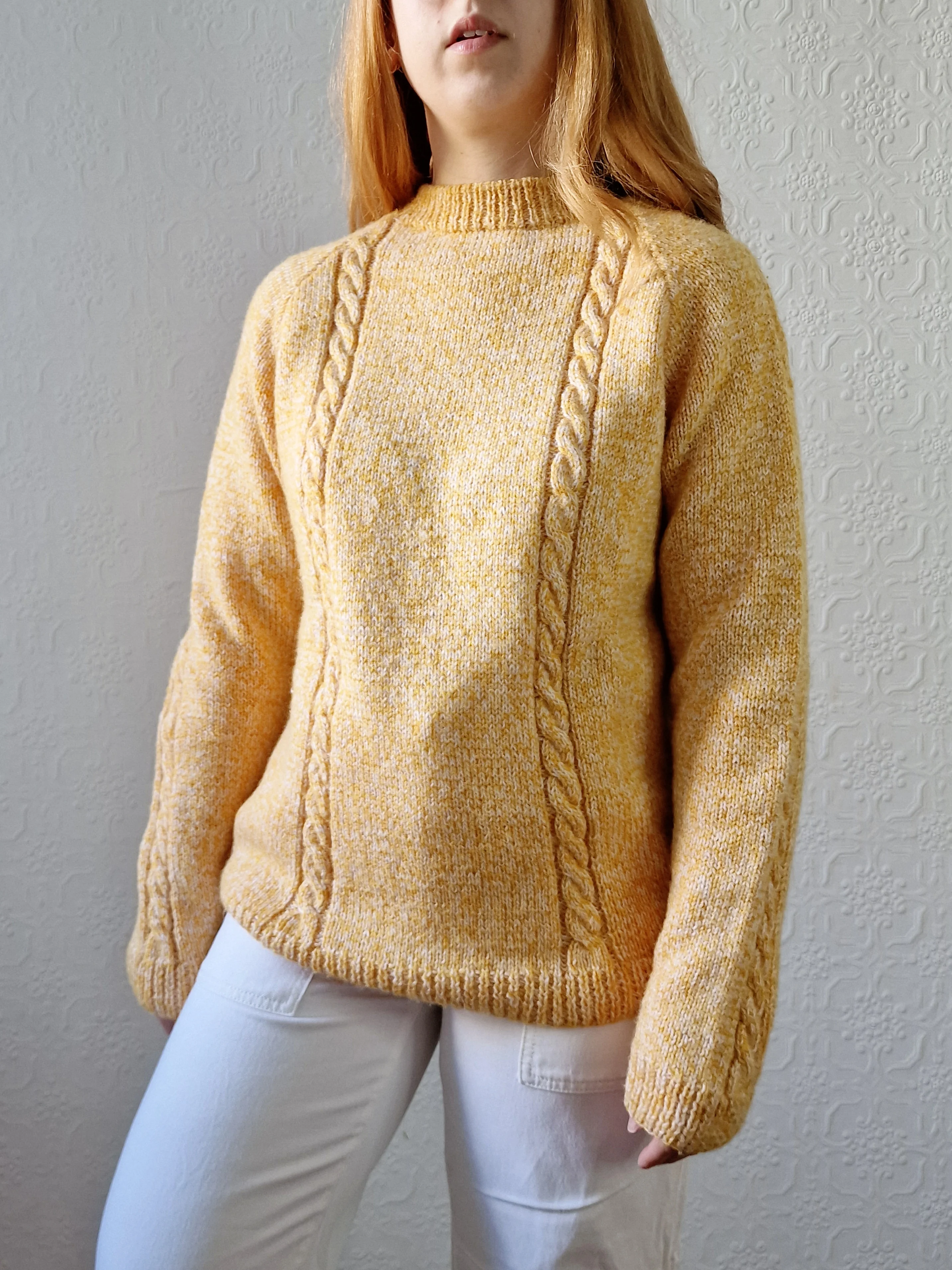 Vintage 90s Mustard Yellow Aran Style Cable Knit Jumper with Crew Neck - M - Image 5
