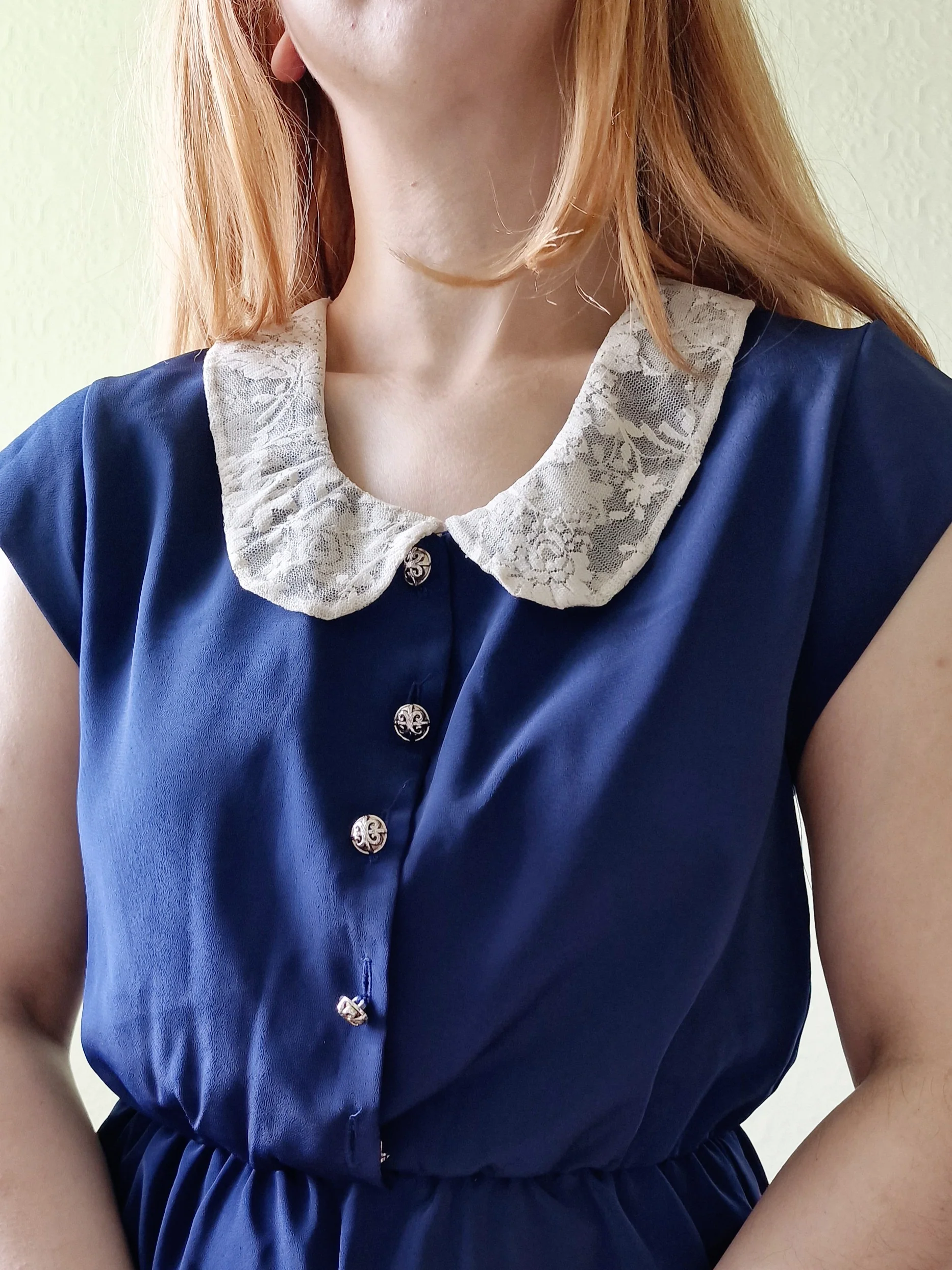 Vintage Navy Blue Cap Sleeve Dress with Lacy Peter Pan Collar - S - Image 2