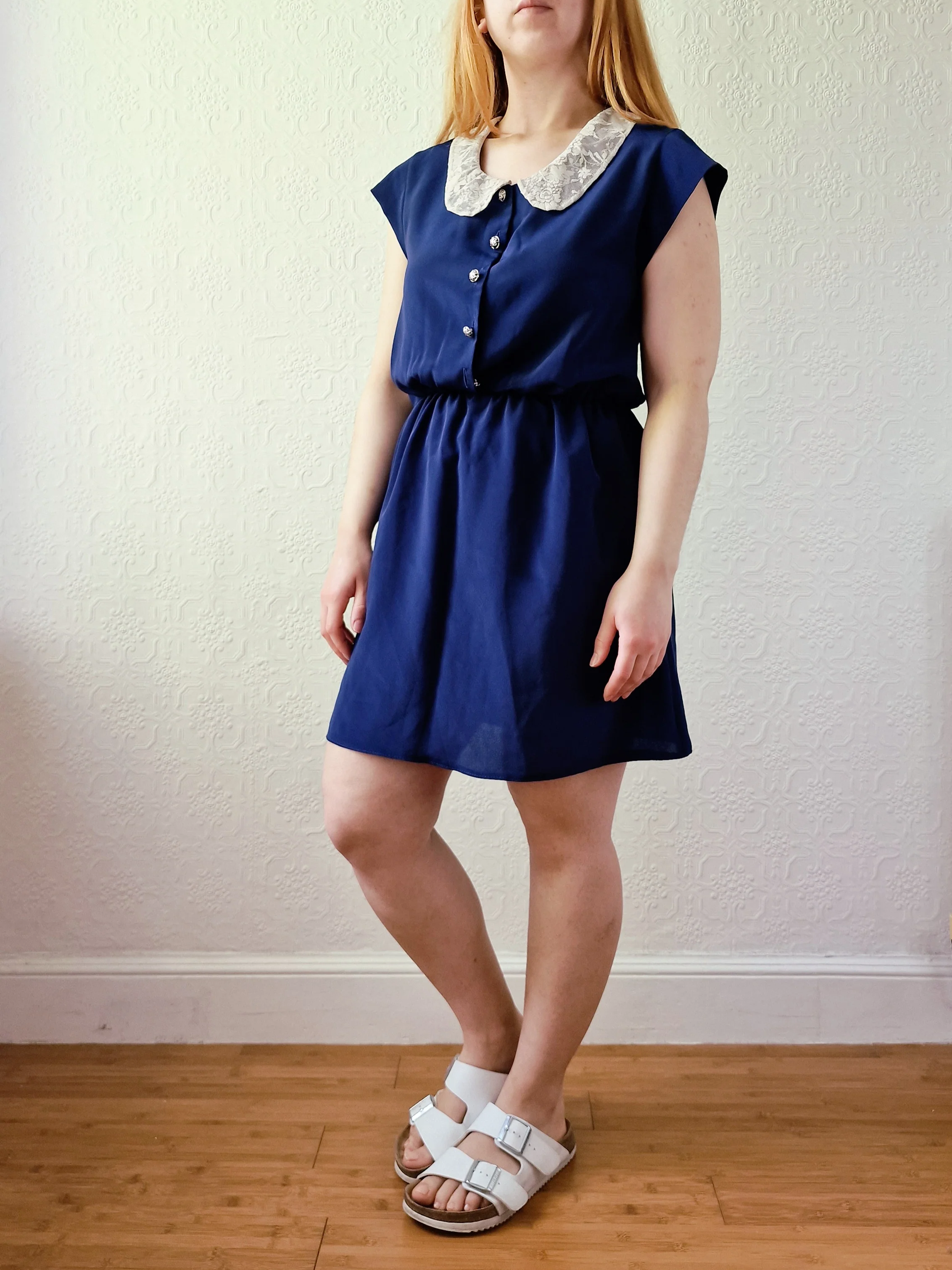 Vintage Navy Blue Cap Sleeve Dress with Lacy Peter Pan Collar - S - Image 3