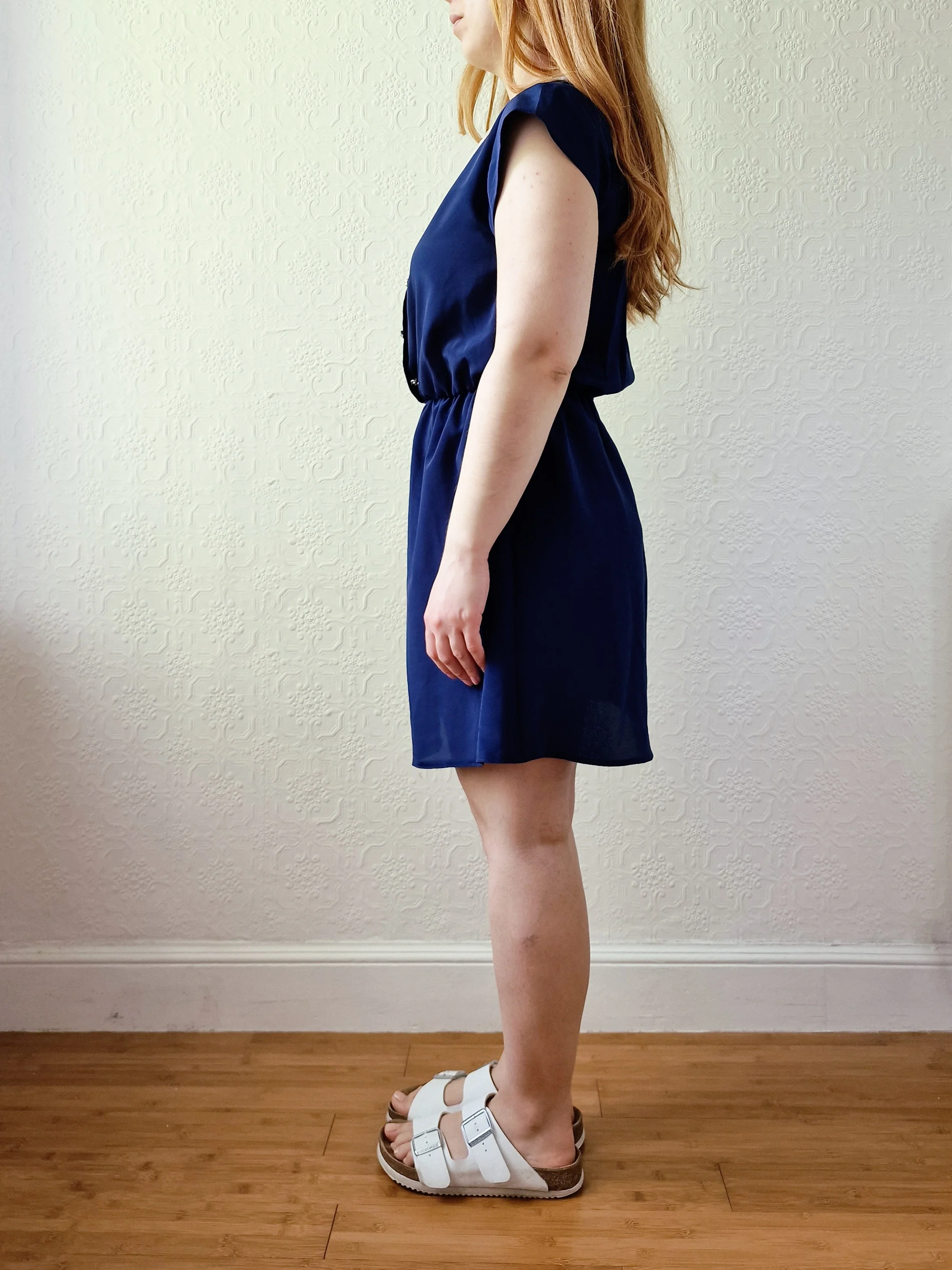 Vintage Navy Blue Cap Sleeve Dress with Lacy Peter Pan Collar - S - Image 4
