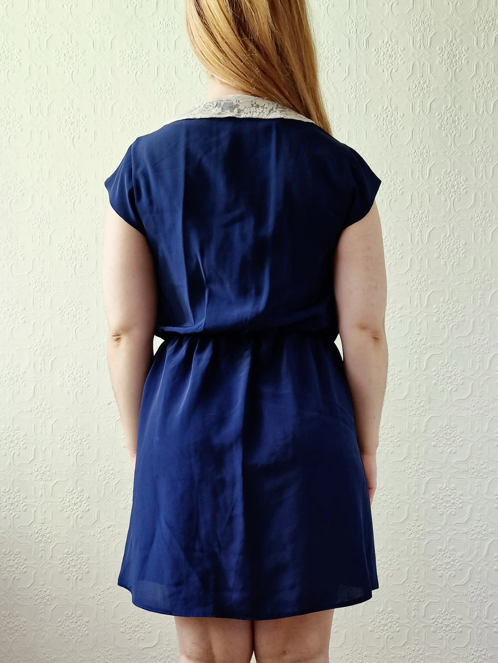 Vintage Navy Blue Cap Sleeve Dress with Lacy Peter Pan Collar - S - Image 6