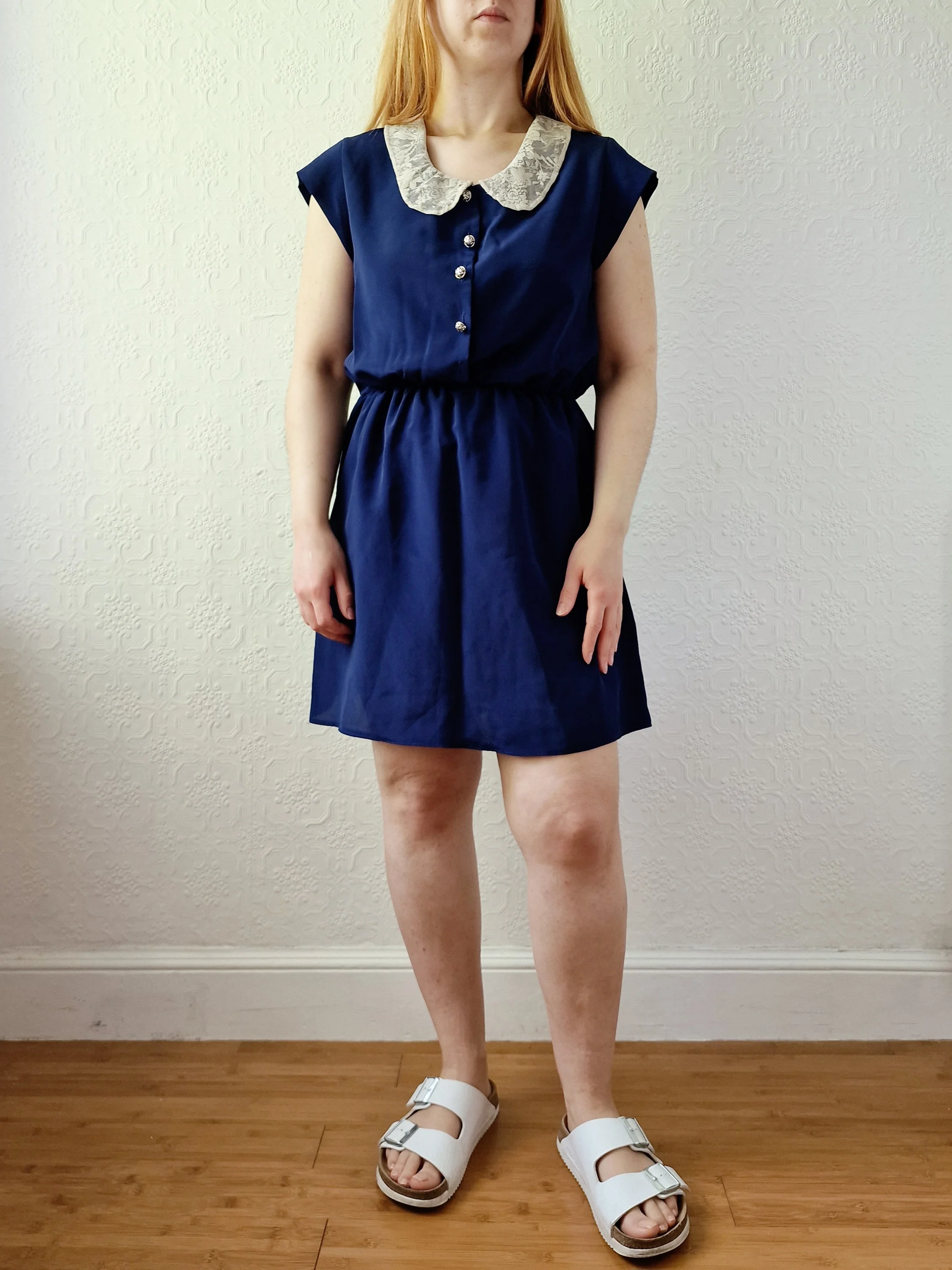 Vintage Navy Blue Cap Sleeve Dress with Lacy Peter Pan Collar - S - Image 7