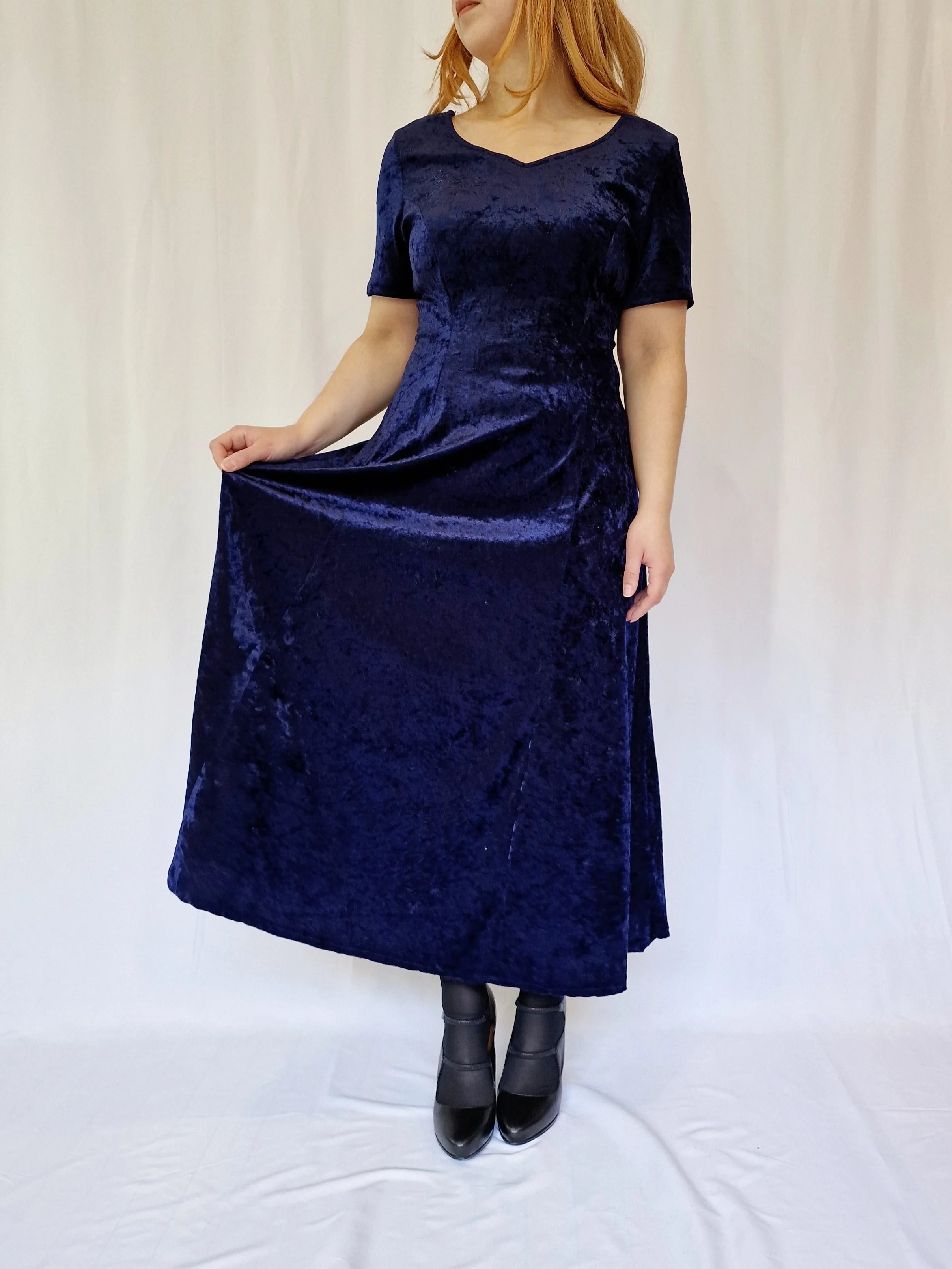 Vintage 90s Navy Blue Crushed Velvet Maxi Dress - L - Image 2