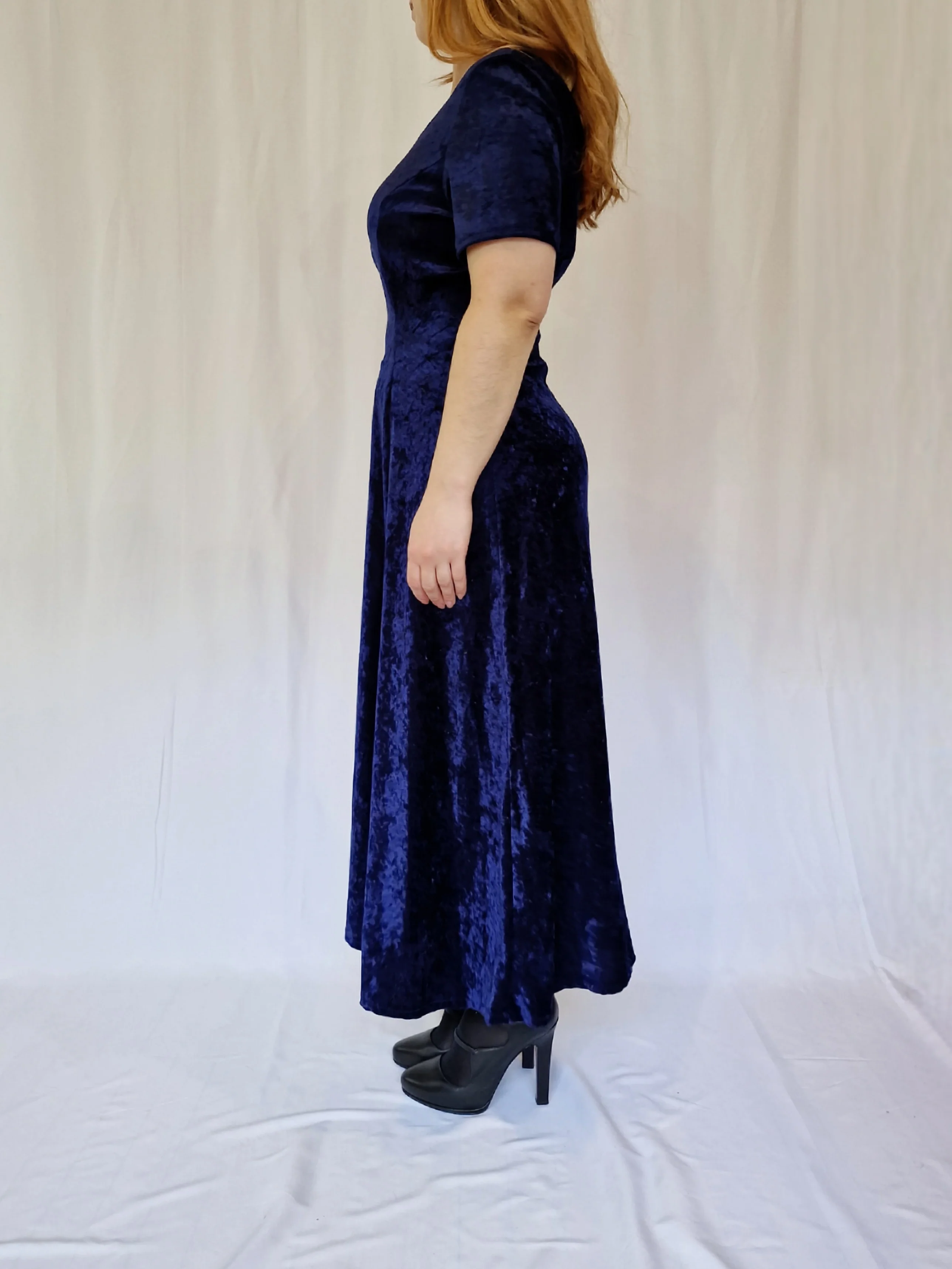 Vintage 90s Navy Blue Crushed Velvet Maxi Dress - L - Image 3