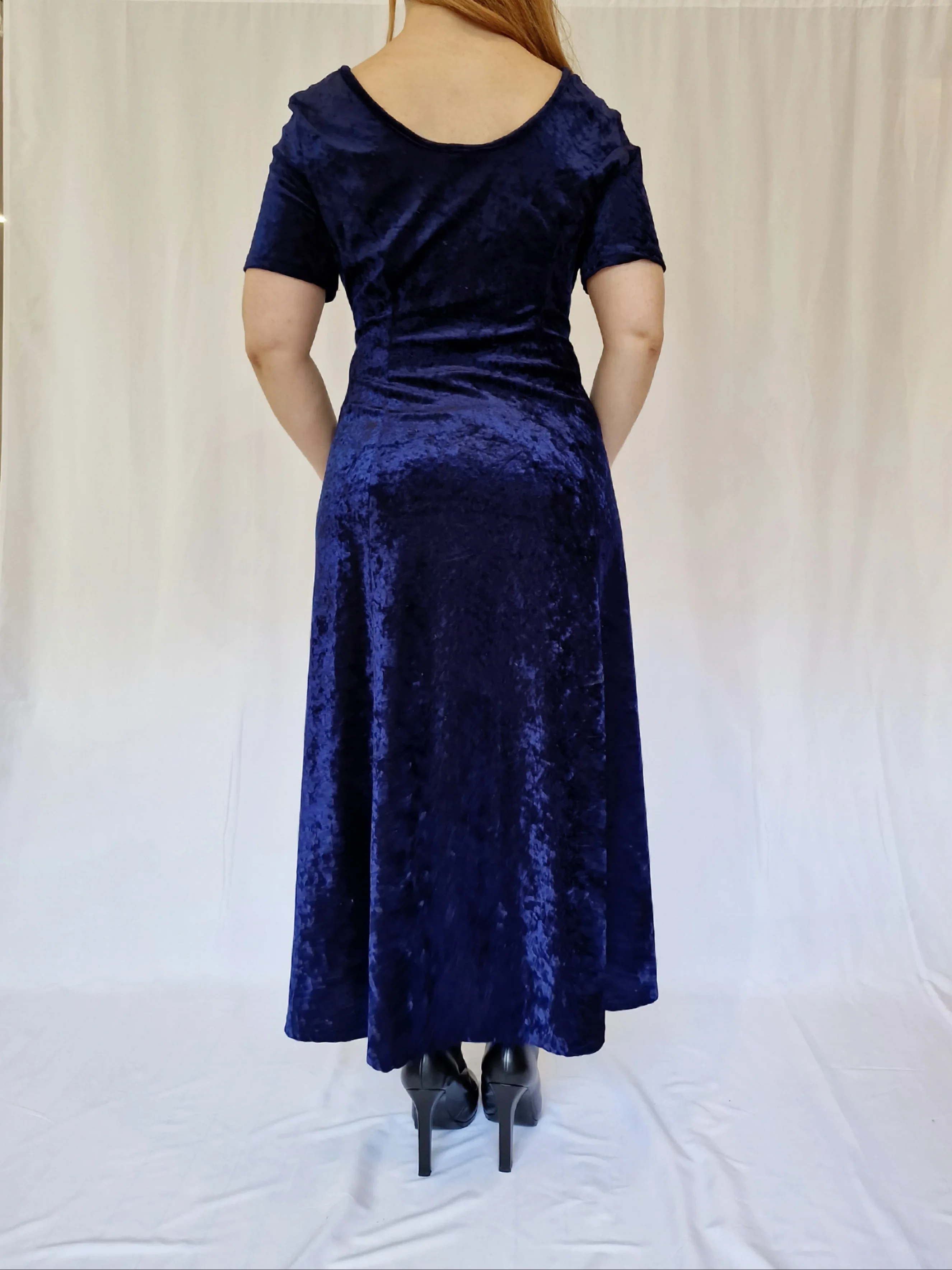 Vintage 90s Navy Blue Crushed Velvet Maxi Dress - L - Image 4