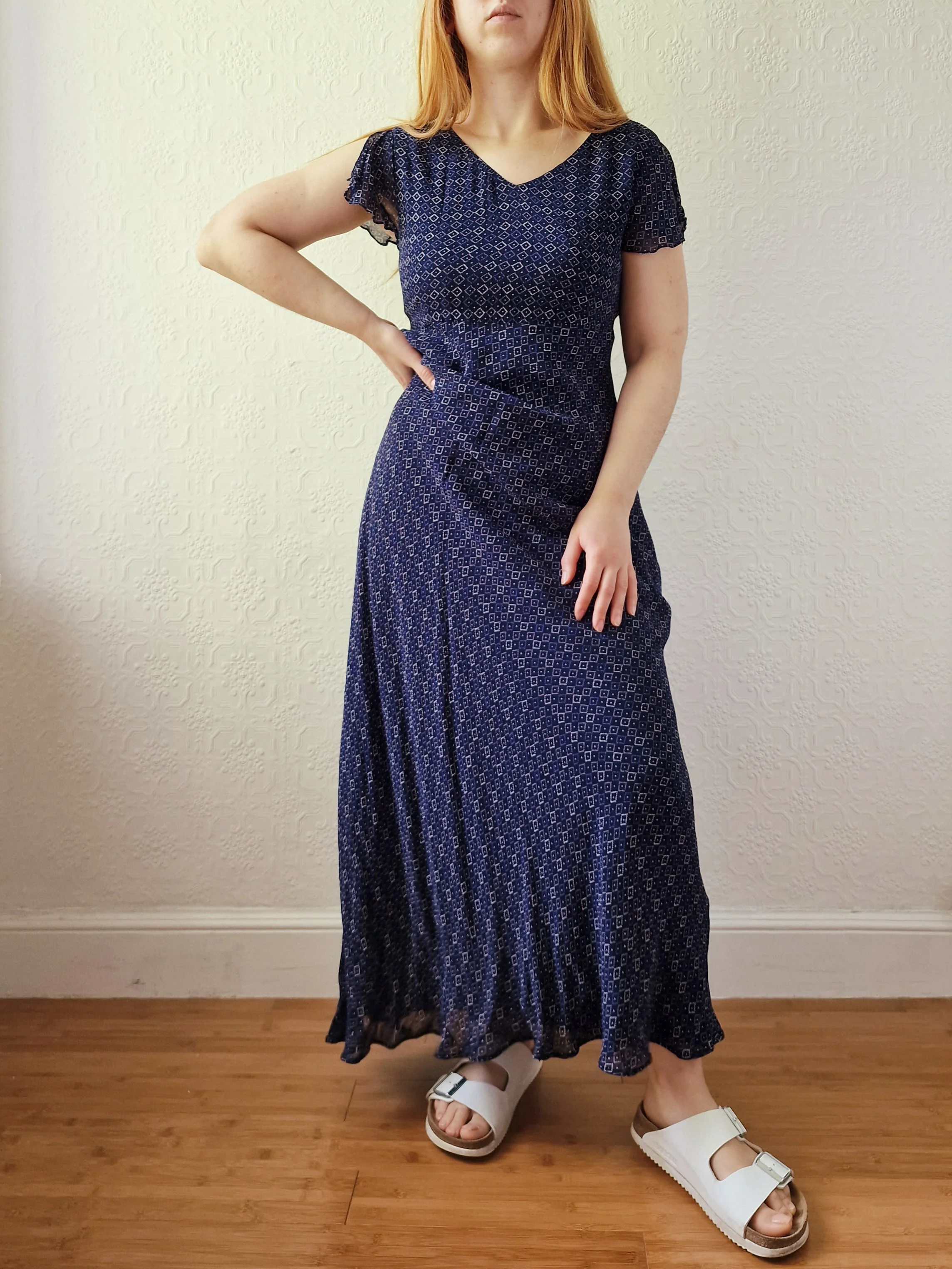 Vintage 90s Navy Blue Short Sleeve Maxi Dress - S/M