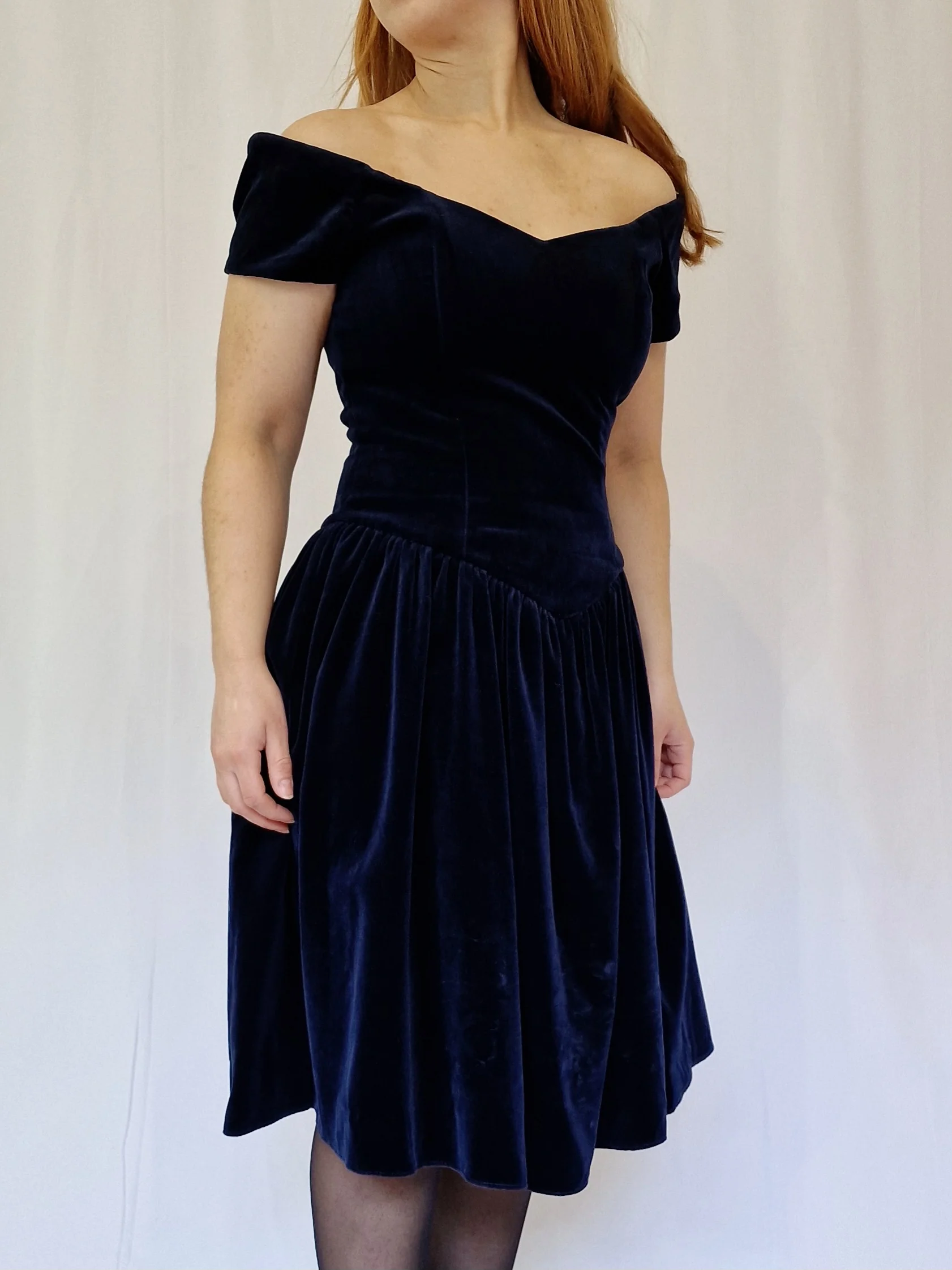 Vintage 90s Navy Blue Velvet Party Dress - M - Image 2