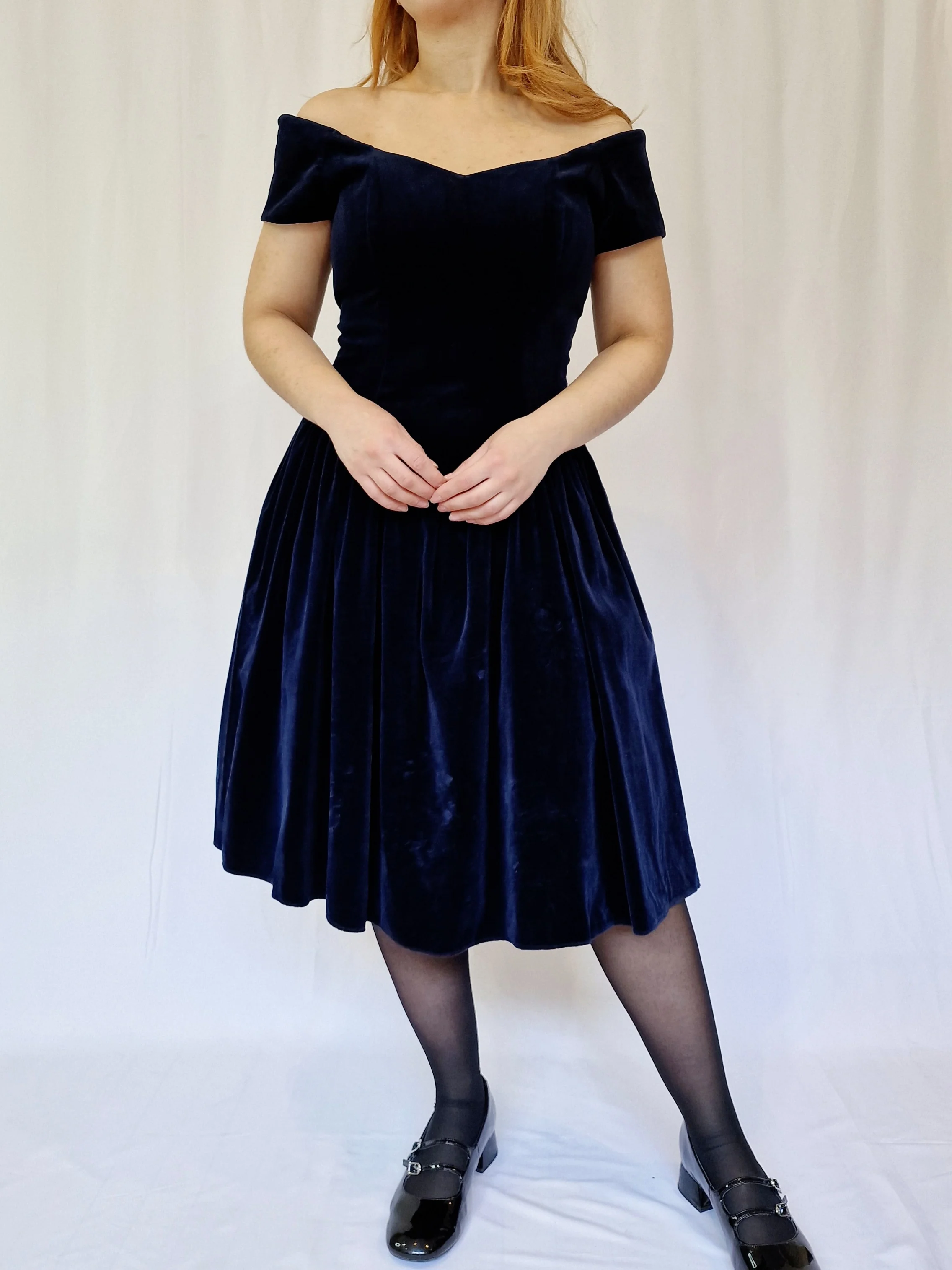 Vintage 90s Navy Blue Velvet Party Dress - M - Image 4