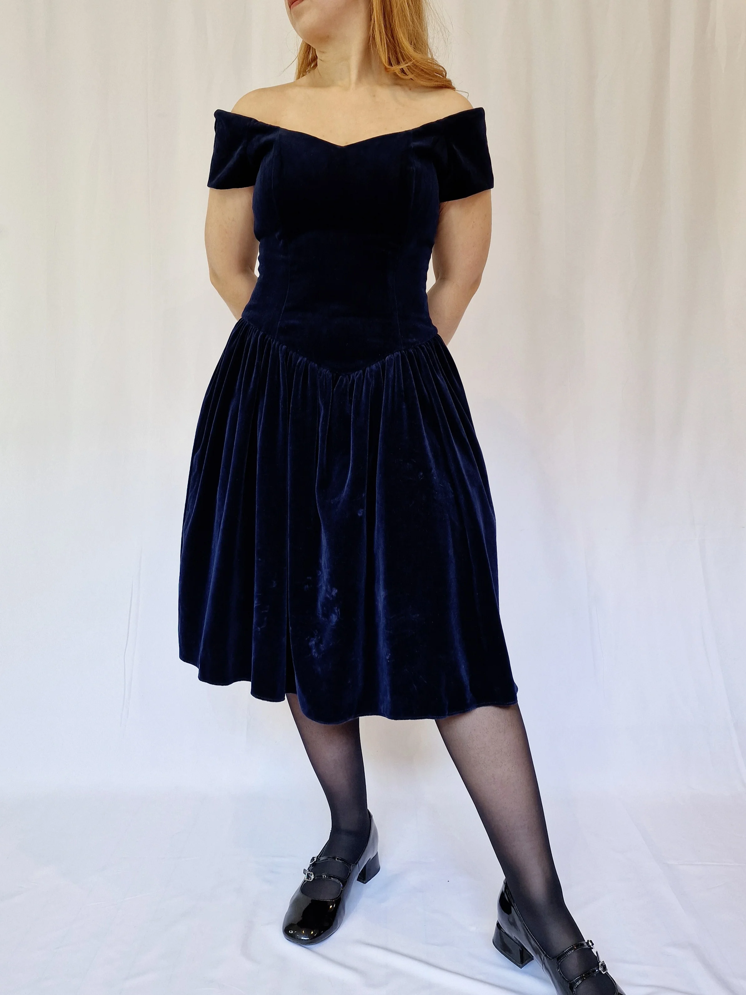 Vintage 90s Navy Blue Velvet Party Dress - M - Image 5