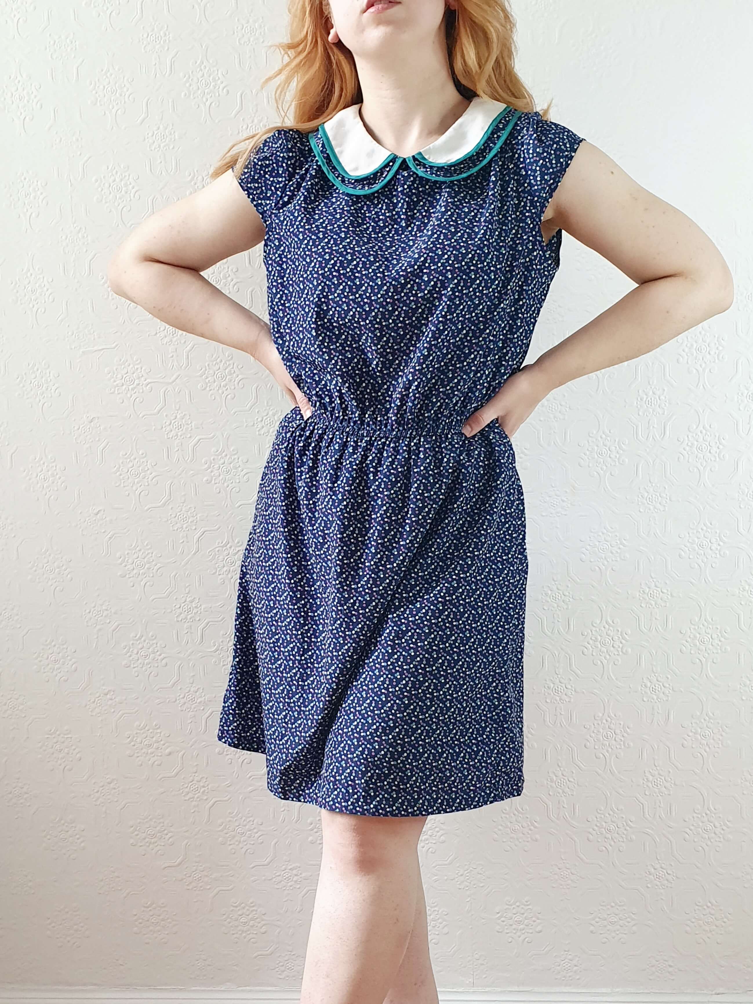 Vintage 90s Navy Cap Sleeve Dress with Peter Pan Collar - M
