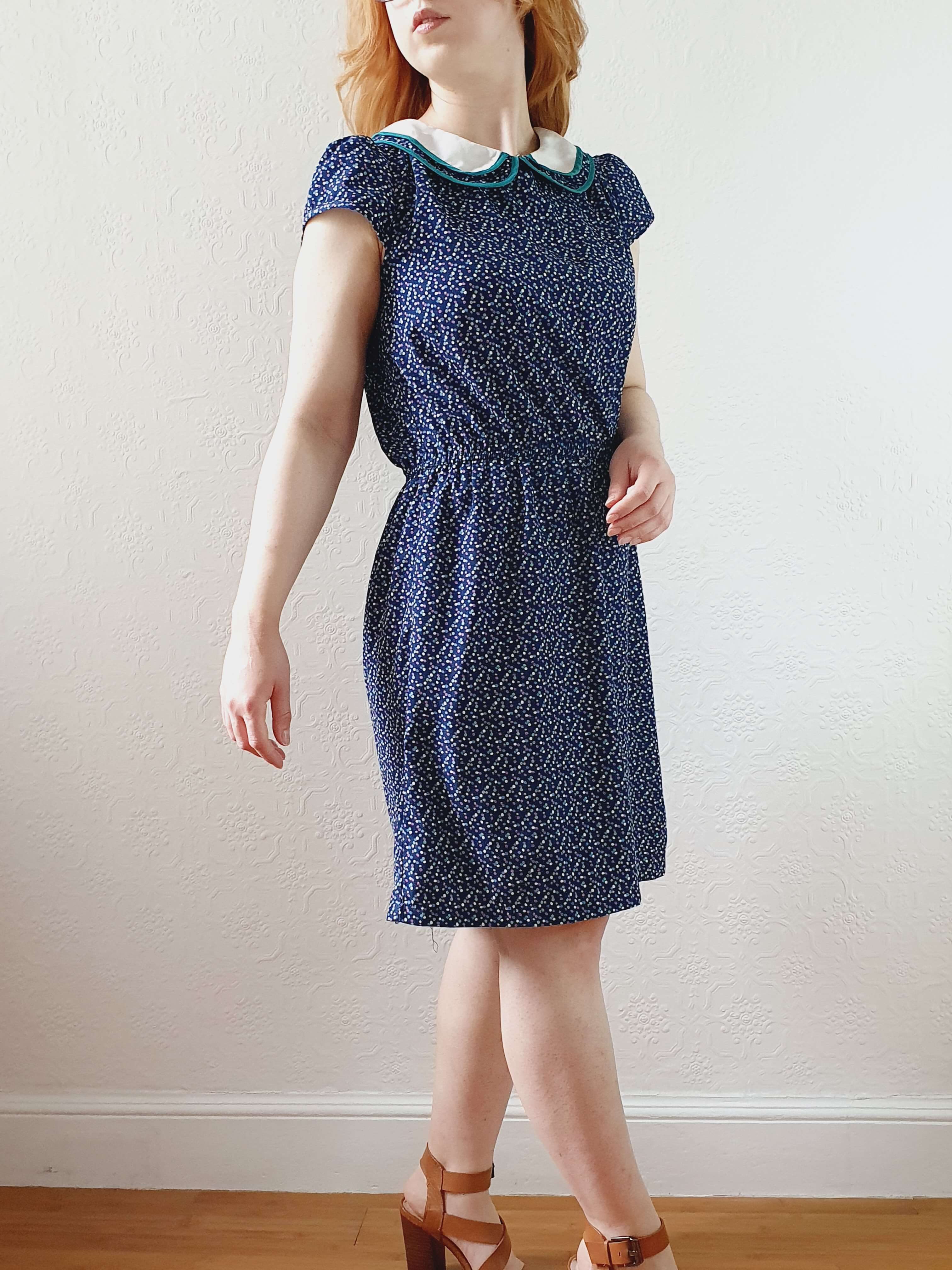 Vintage 90s Navy Cap Sleeve Dress with Peter Pan Collar - M - Image 11