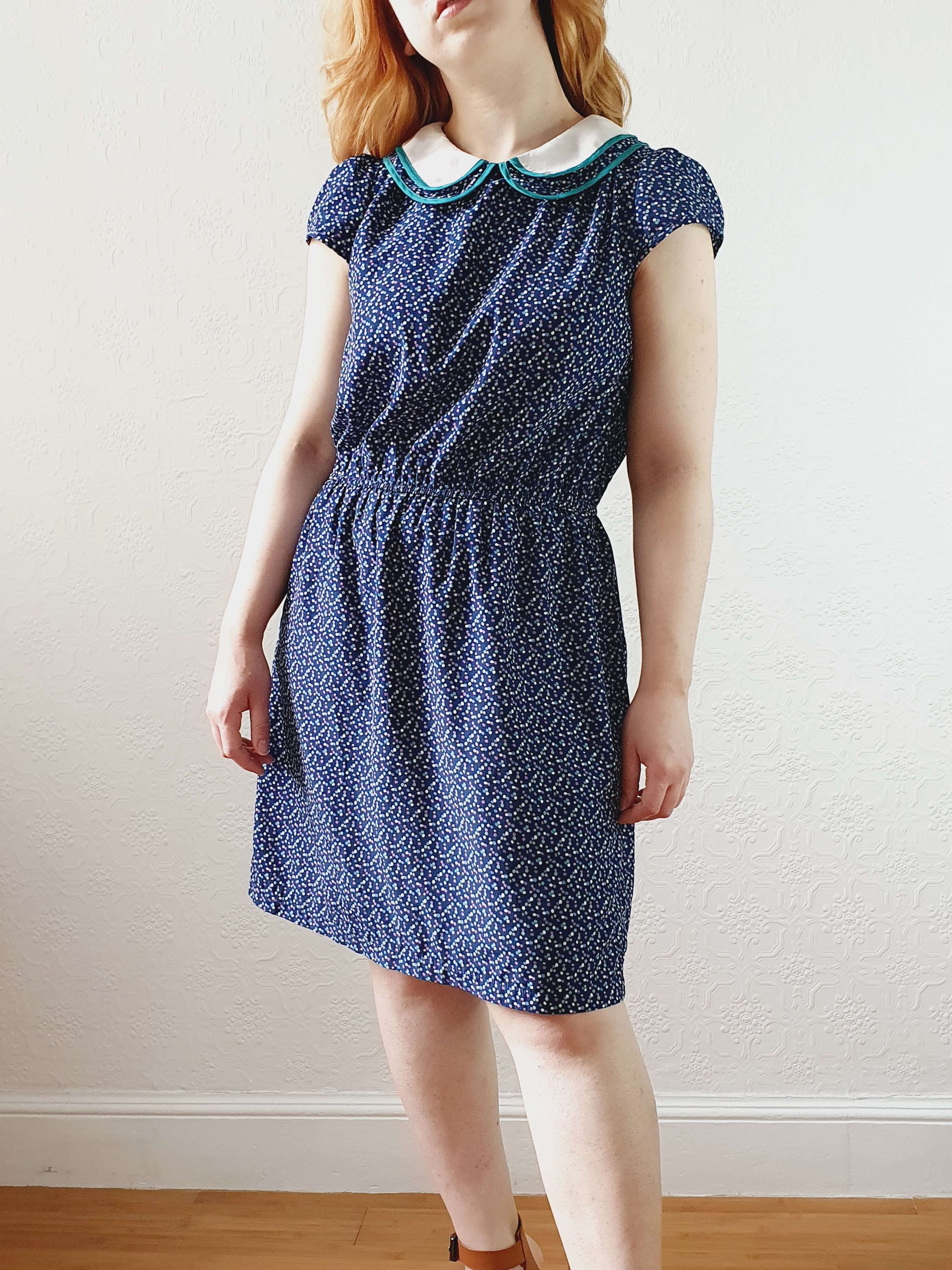 Vintage 90s Navy Cap Sleeve Dress with Peter Pan Collar - M - Image 12