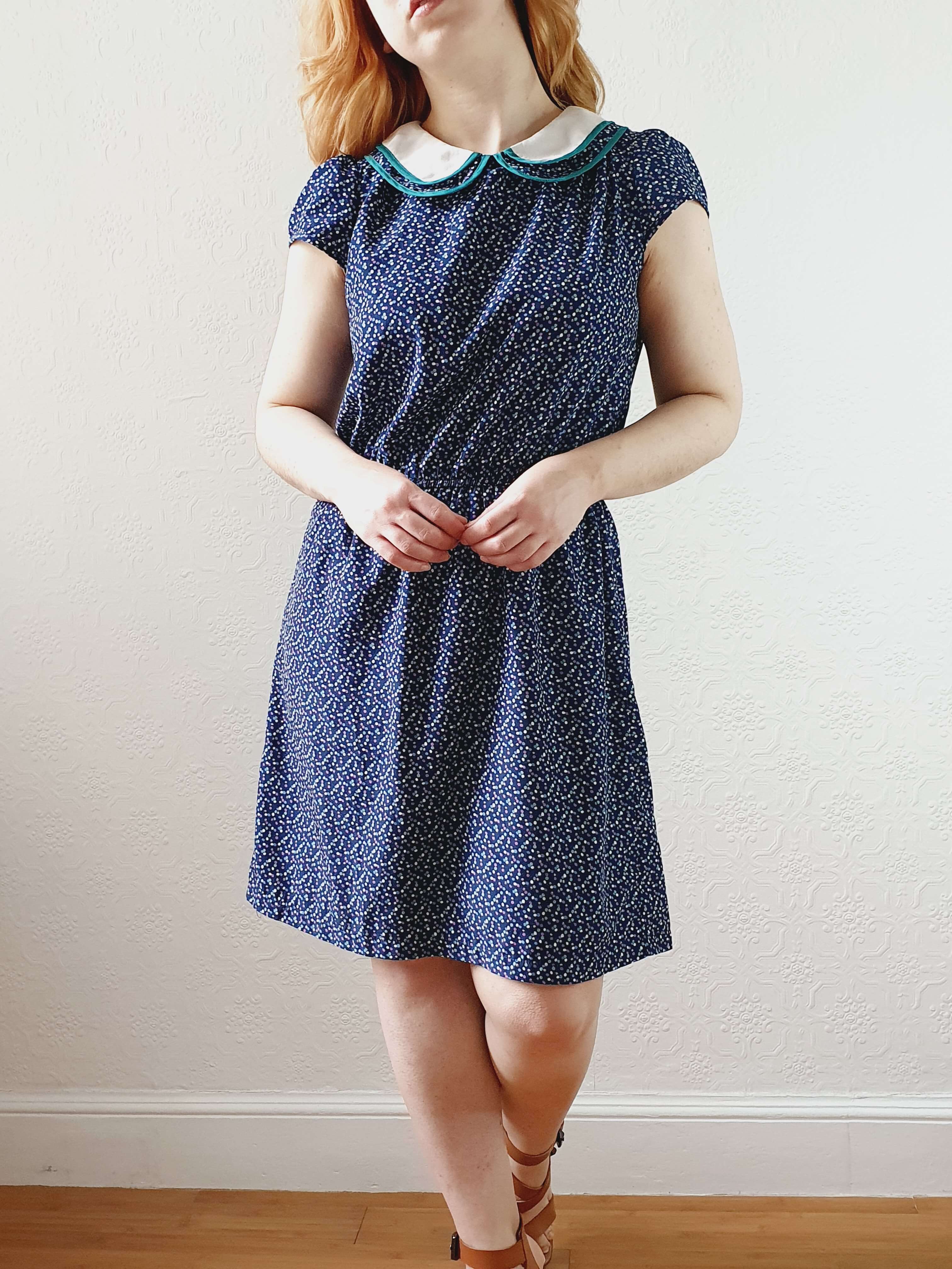 Vintage 90s Navy Cap Sleeve Dress with Peter Pan Collar - M - Image 13