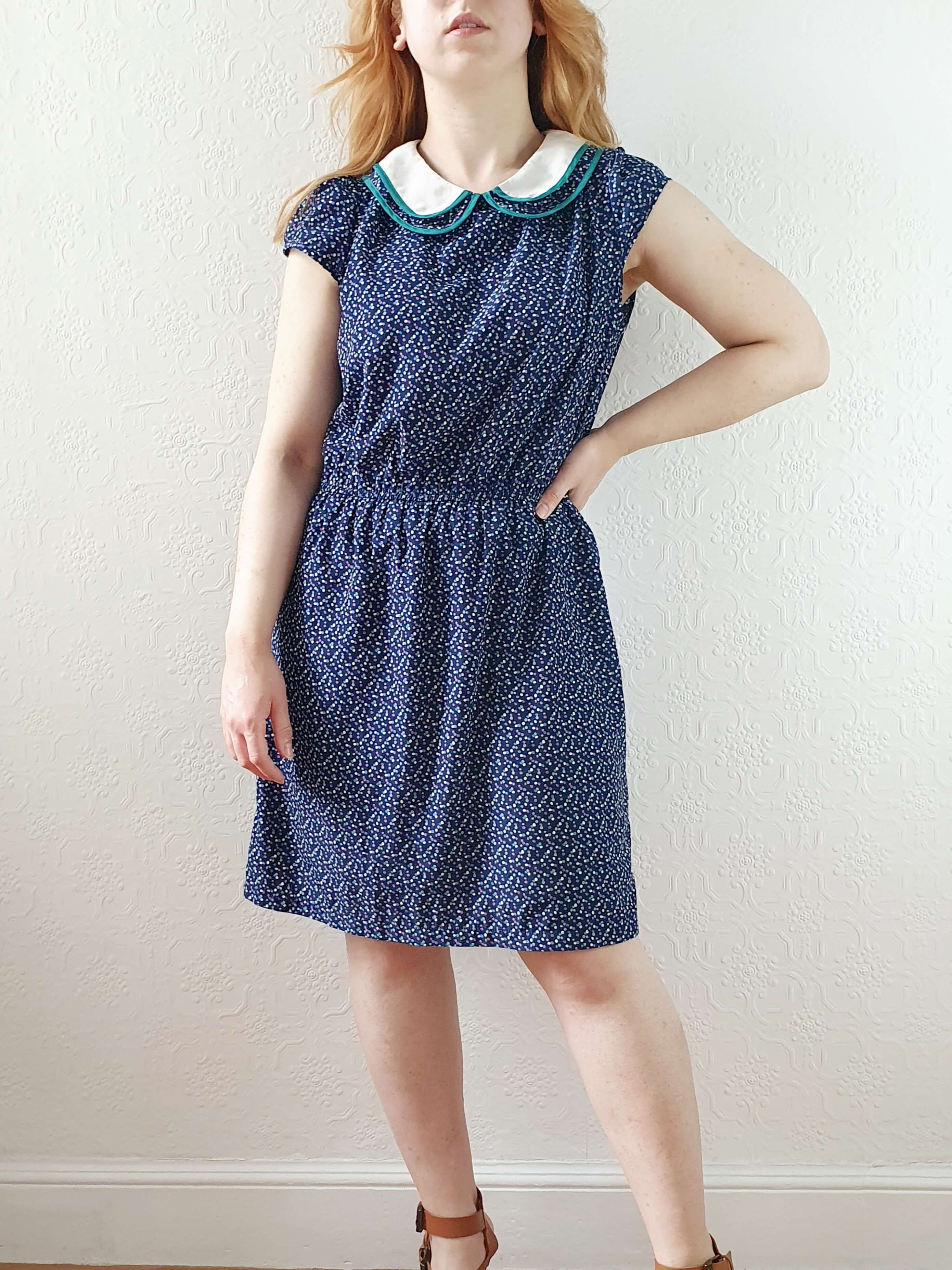 Vintage 90s Navy Cap Sleeve Dress with Peter Pan Collar - M - Image 2