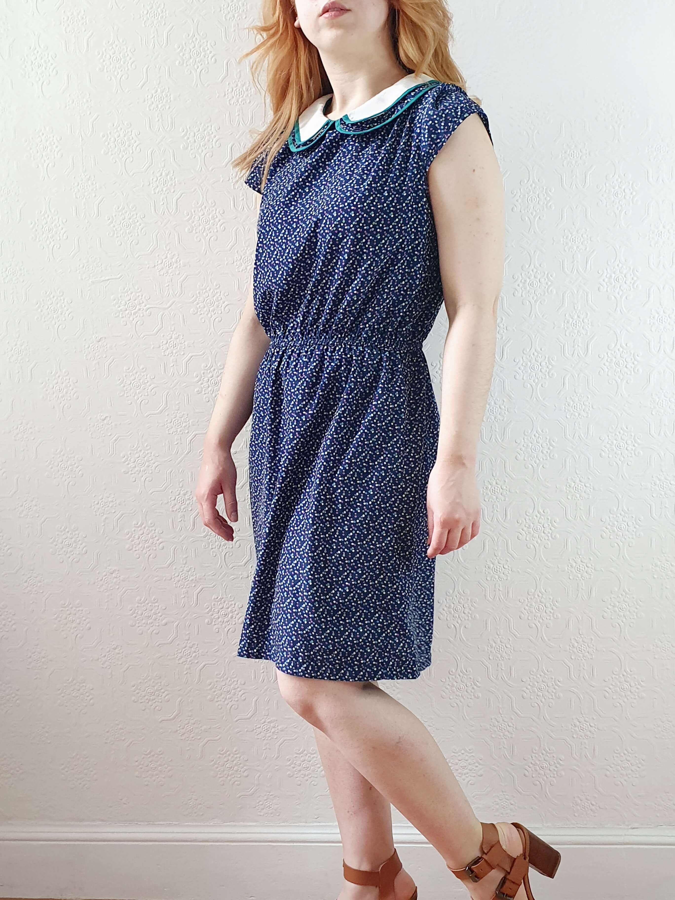 Vintage 90s Navy Cap Sleeve Dress with Peter Pan Collar - M - Image 3