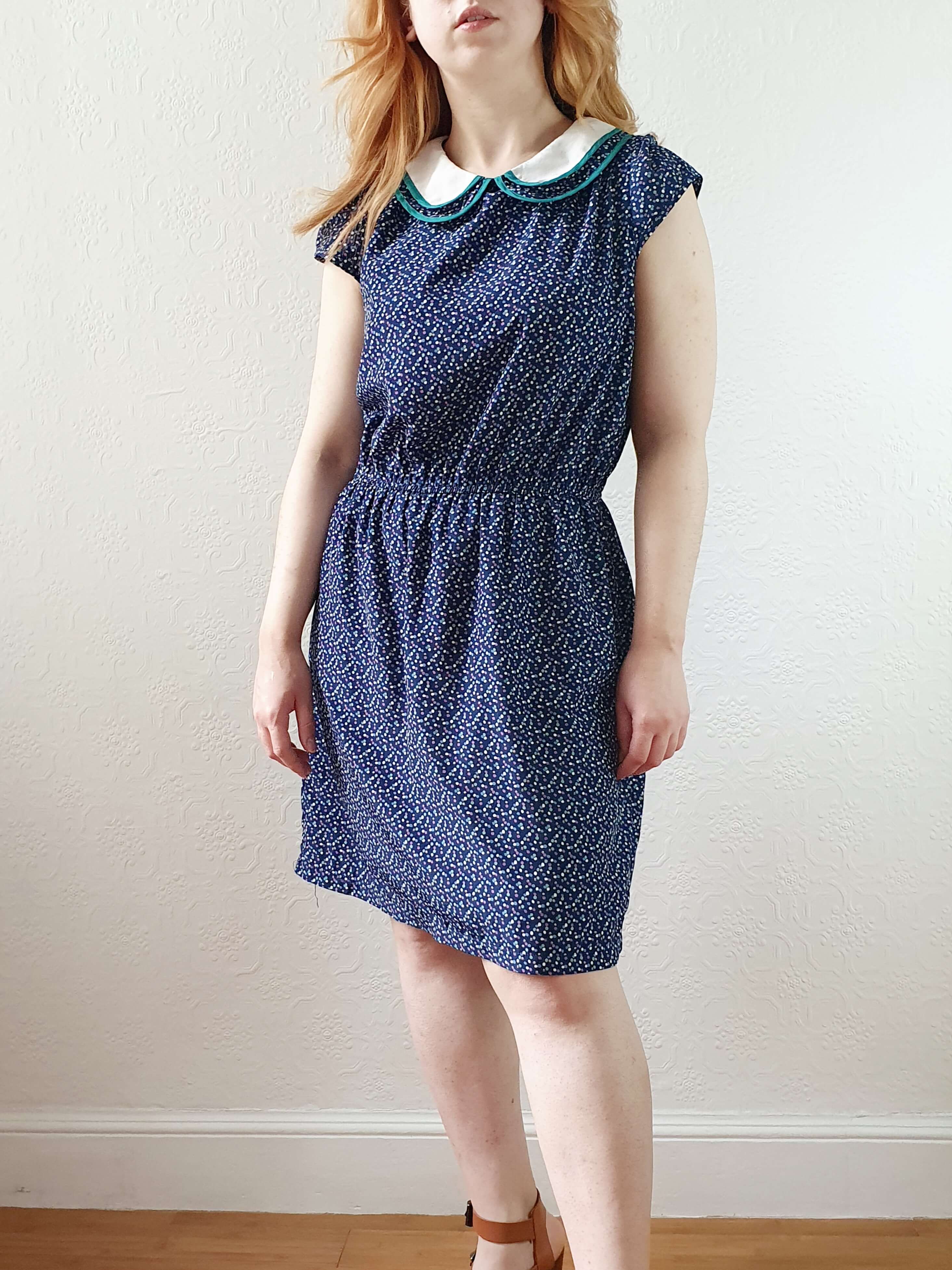 Vintage 90s Navy Cap Sleeve Dress with Peter Pan Collar - M - Image 4