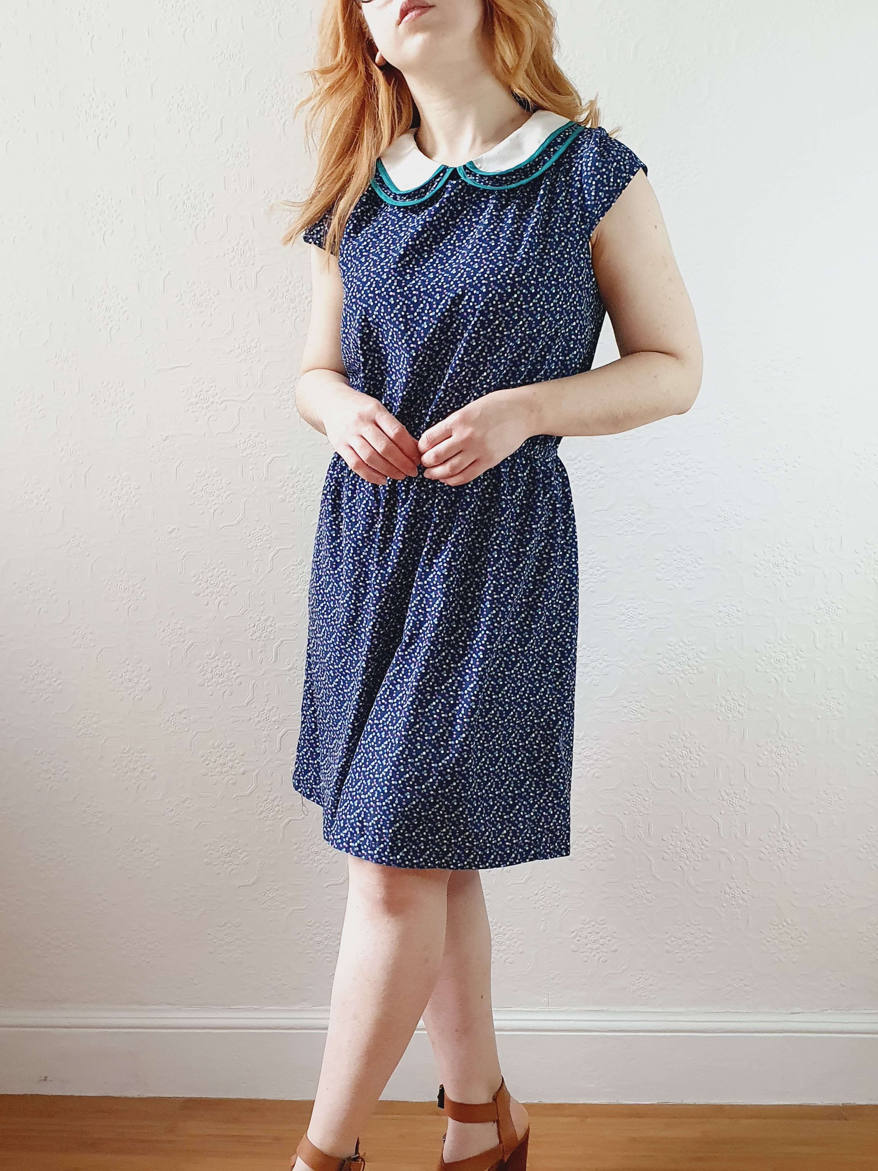 Vintage 90s Navy Cap Sleeve Dress with Peter Pan Collar - M - Image 5