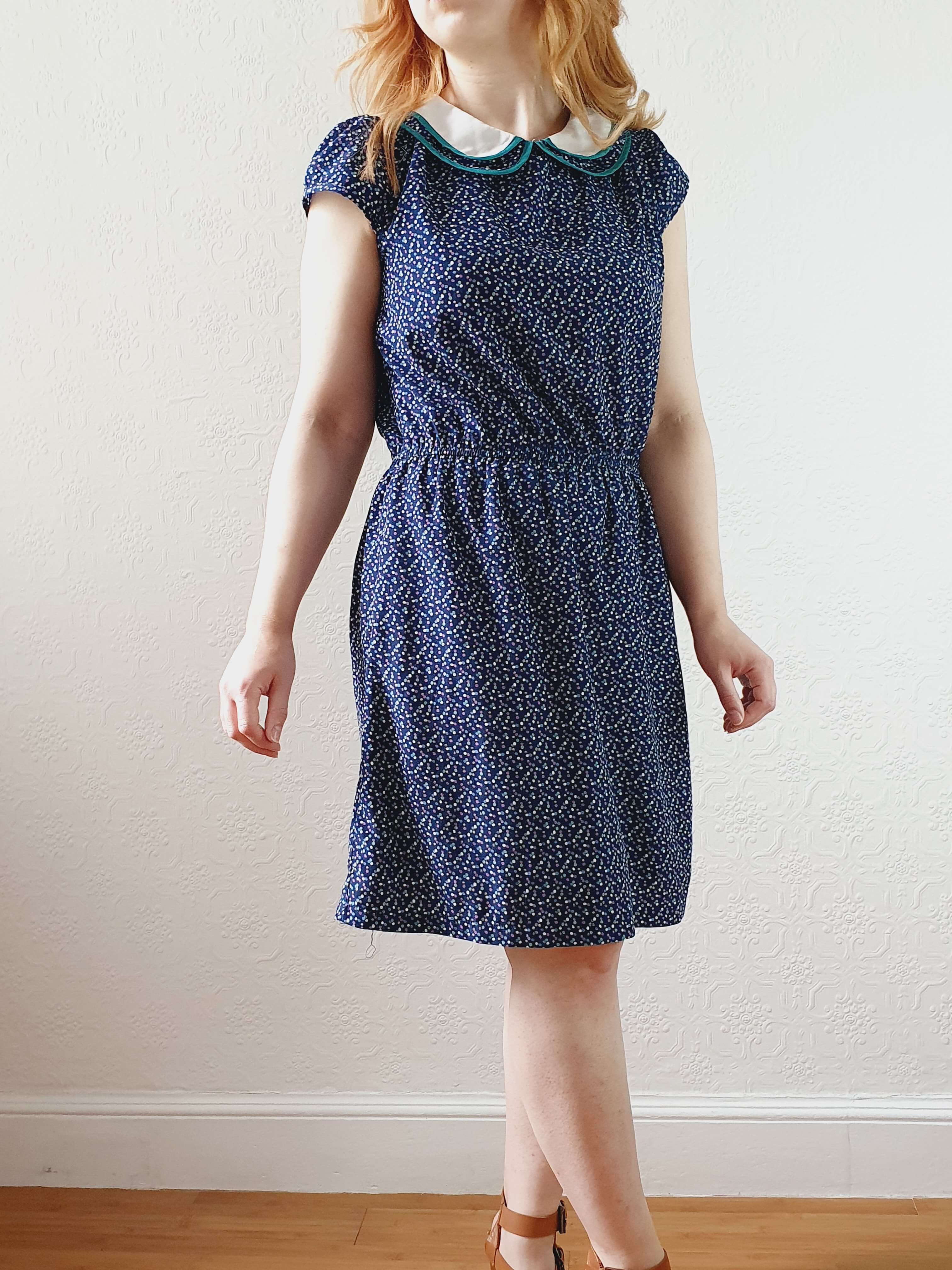 Vintage 90s Navy Cap Sleeve Dress with Peter Pan Collar - M - Image 6