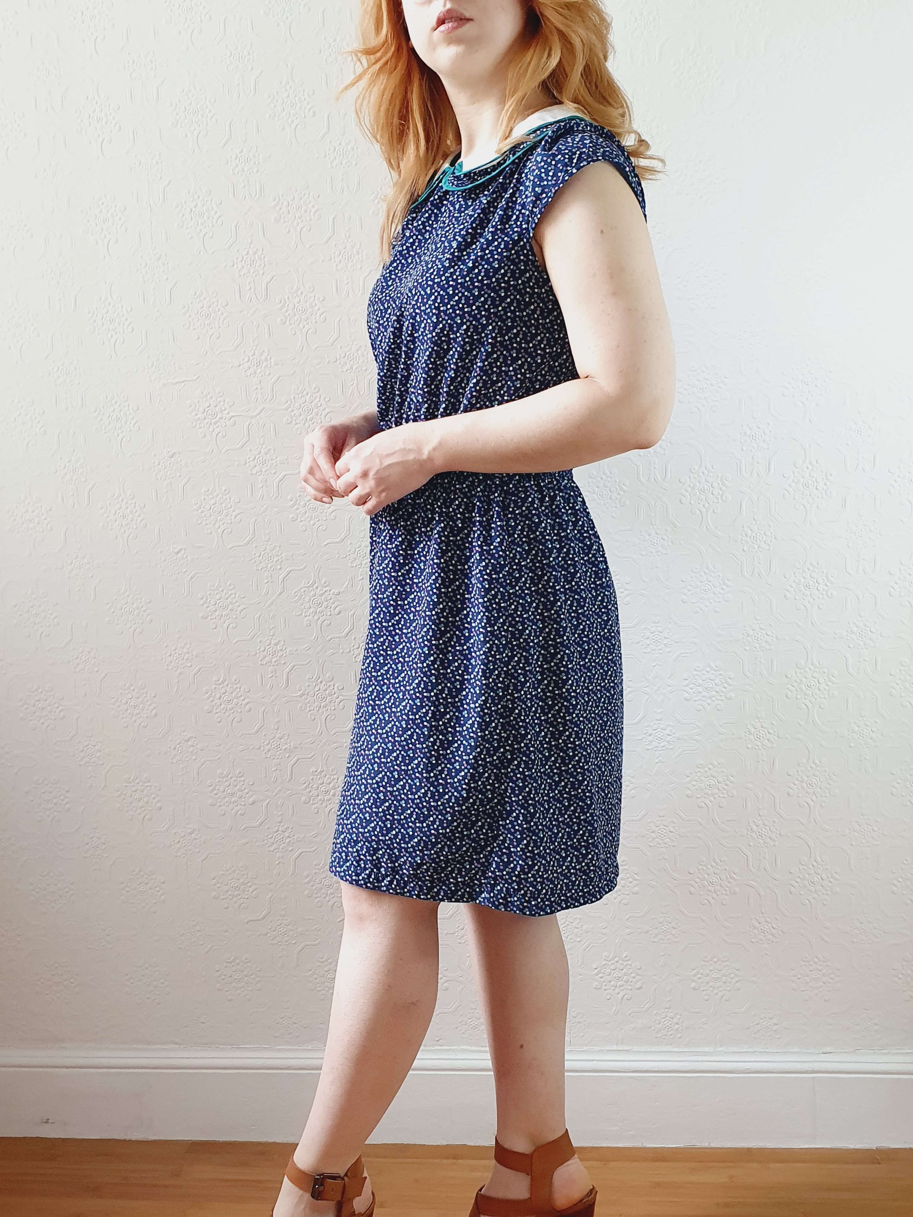 Vintage 90s Navy Cap Sleeve Dress with Peter Pan Collar - M - Image 7