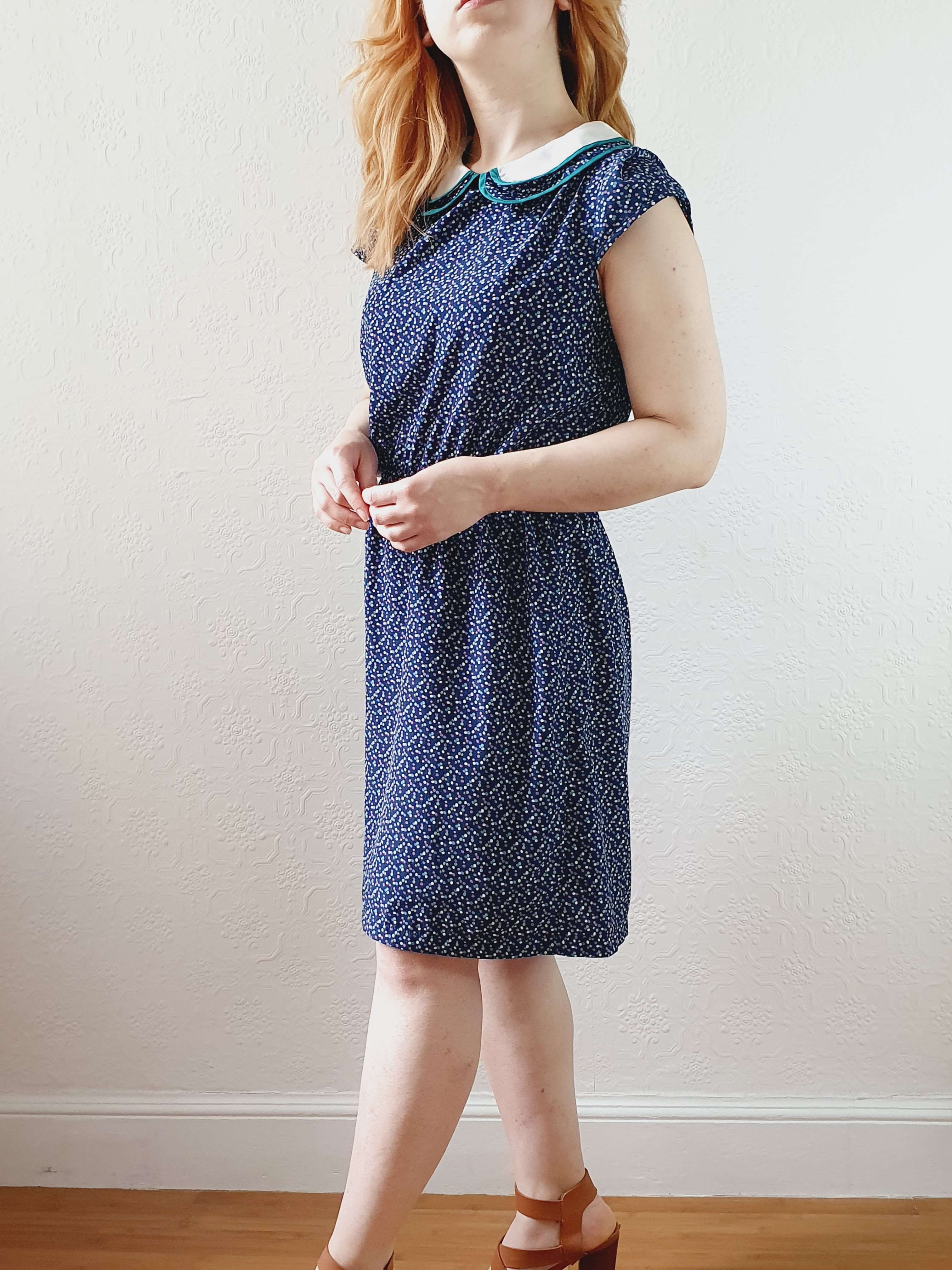 Vintage 90s Navy Cap Sleeve Dress with Peter Pan Collar - M - Image 8