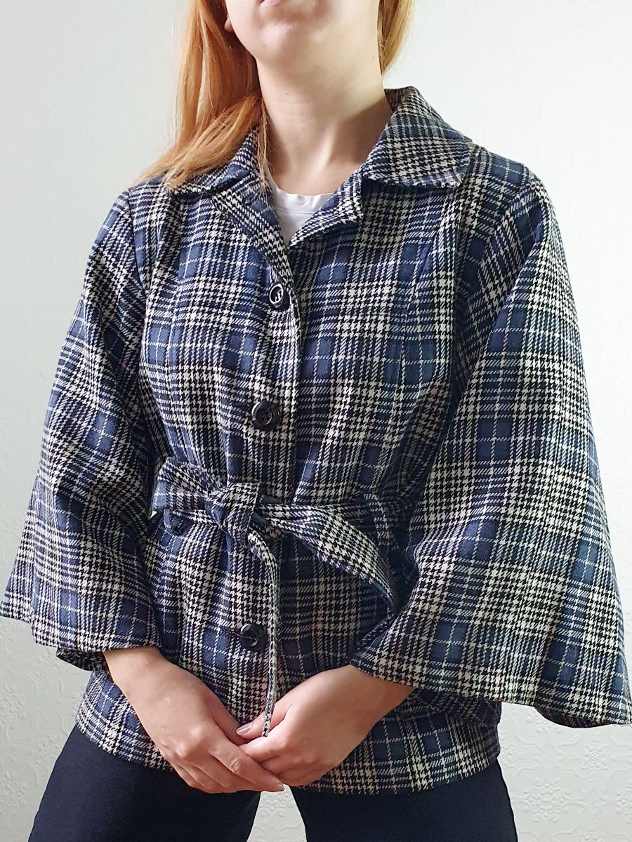 Vintage 90s Navy Check Tartan Bell Sleeve Wool Jacket with Belt - S/M