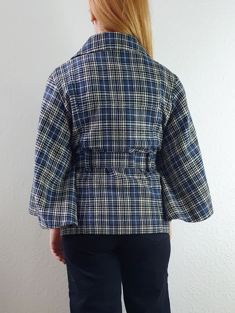 Vintage 90s Navy Check Tartan Bell Sleeve Wool Jacket with Belt - S/M - Image 10