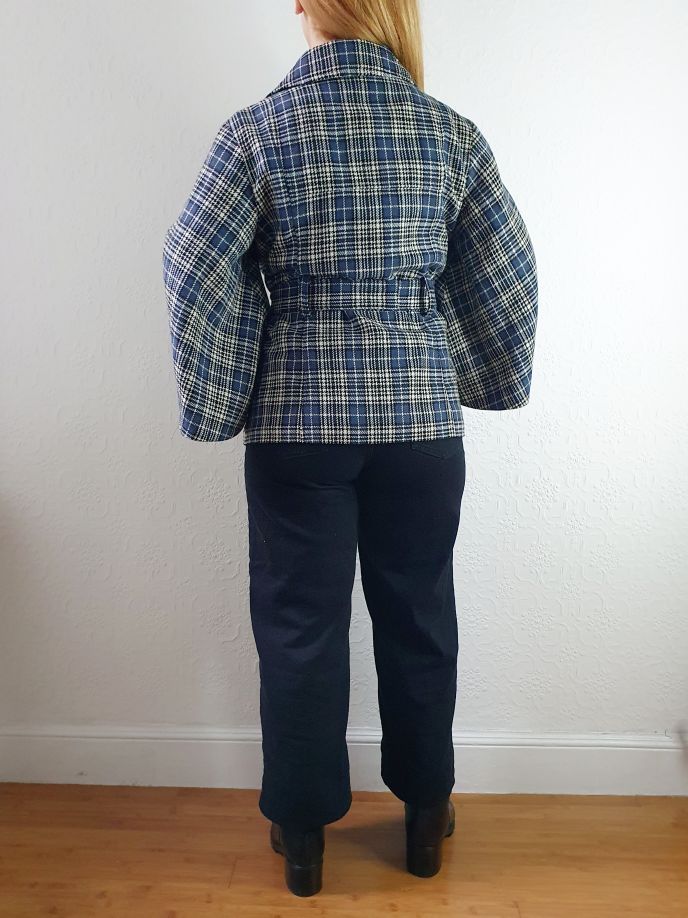 Vintage 90s Navy Check Tartan Bell Sleeve Wool Jacket with Belt - S/M - Image 11