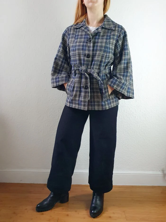 Vintage 90s Navy Check Tartan Bell Sleeve Wool Jacket with Belt - S/M - Image 12