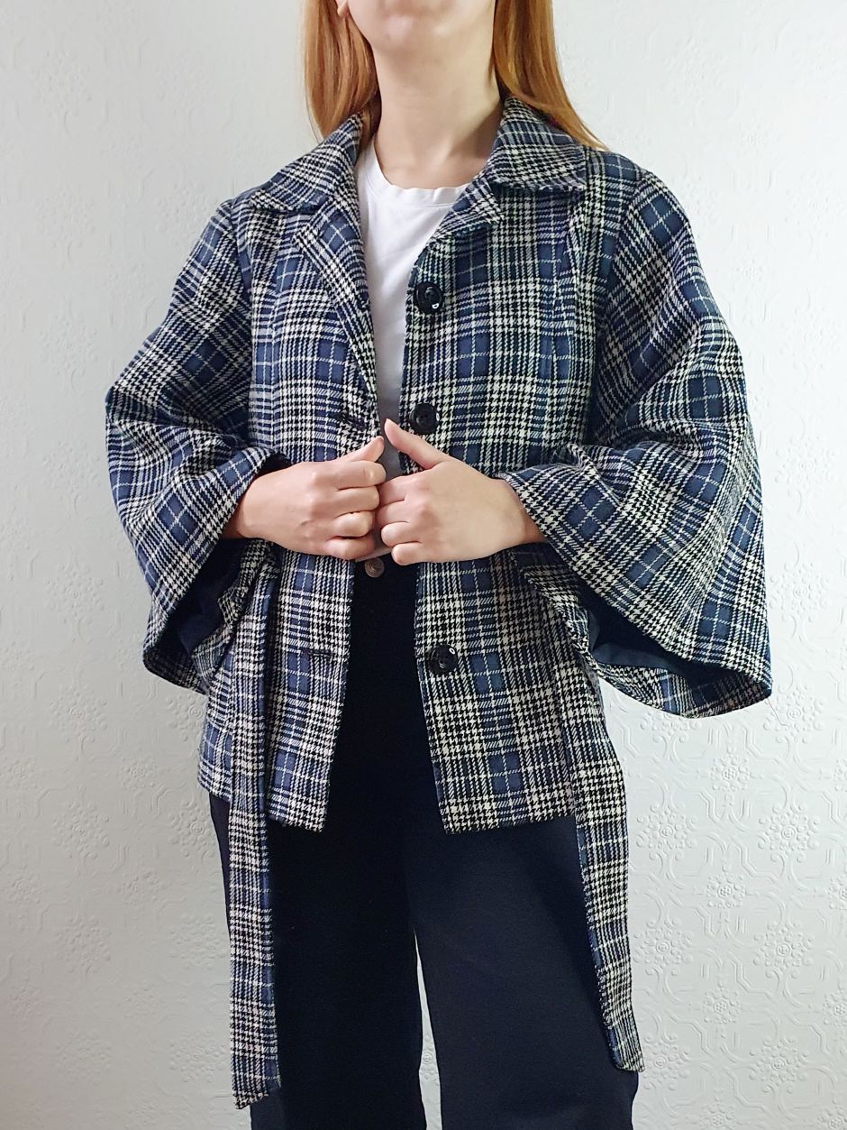 Vintage 90s Navy Check Tartan Bell Sleeve Wool Jacket with Belt - S/M - Image 2