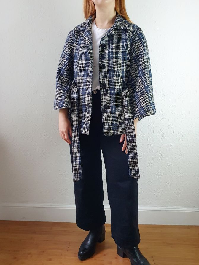 Vintage 90s Navy Check Tartan Bell Sleeve Wool Jacket with Belt - S/M - Image 3