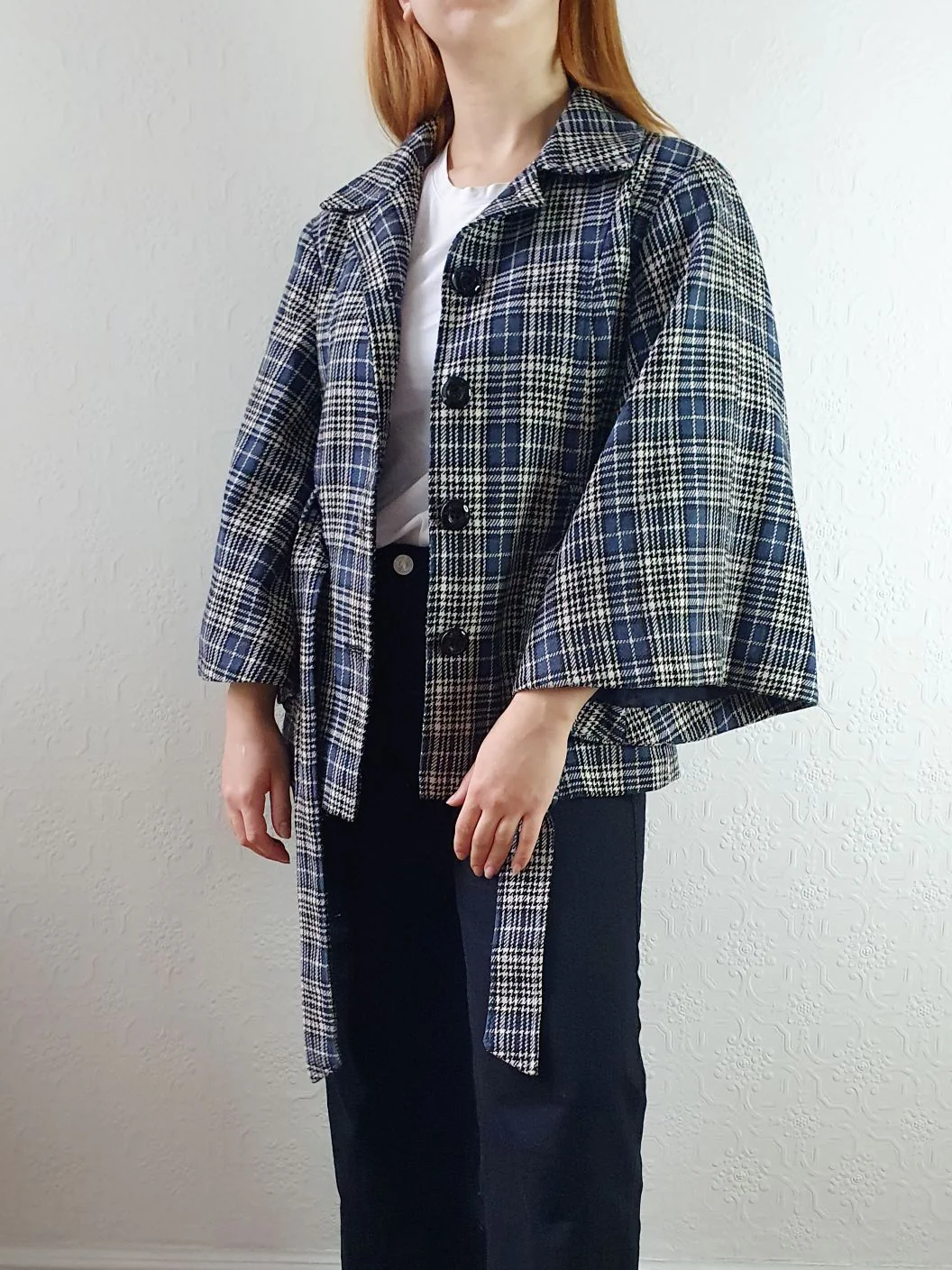 Vintage 90s Navy Check Tartan Bell Sleeve Wool Jacket with Belt - S/M - Image 4