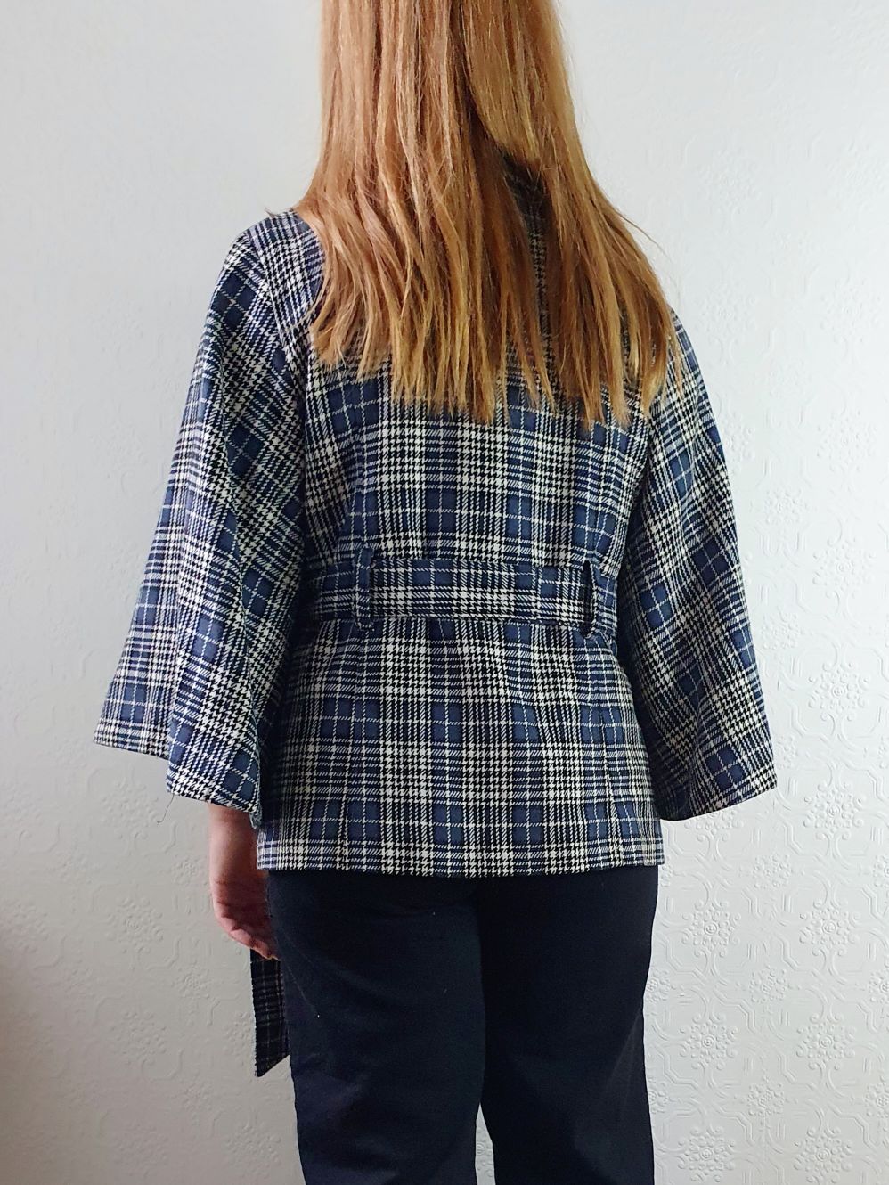 Vintage 90s Navy Check Tartan Bell Sleeve Wool Jacket with Belt - S/M - Image 5