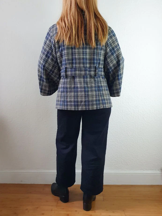 Vintage 90s Navy Check Tartan Bell Sleeve Wool Jacket with Belt - S/M - Image 6