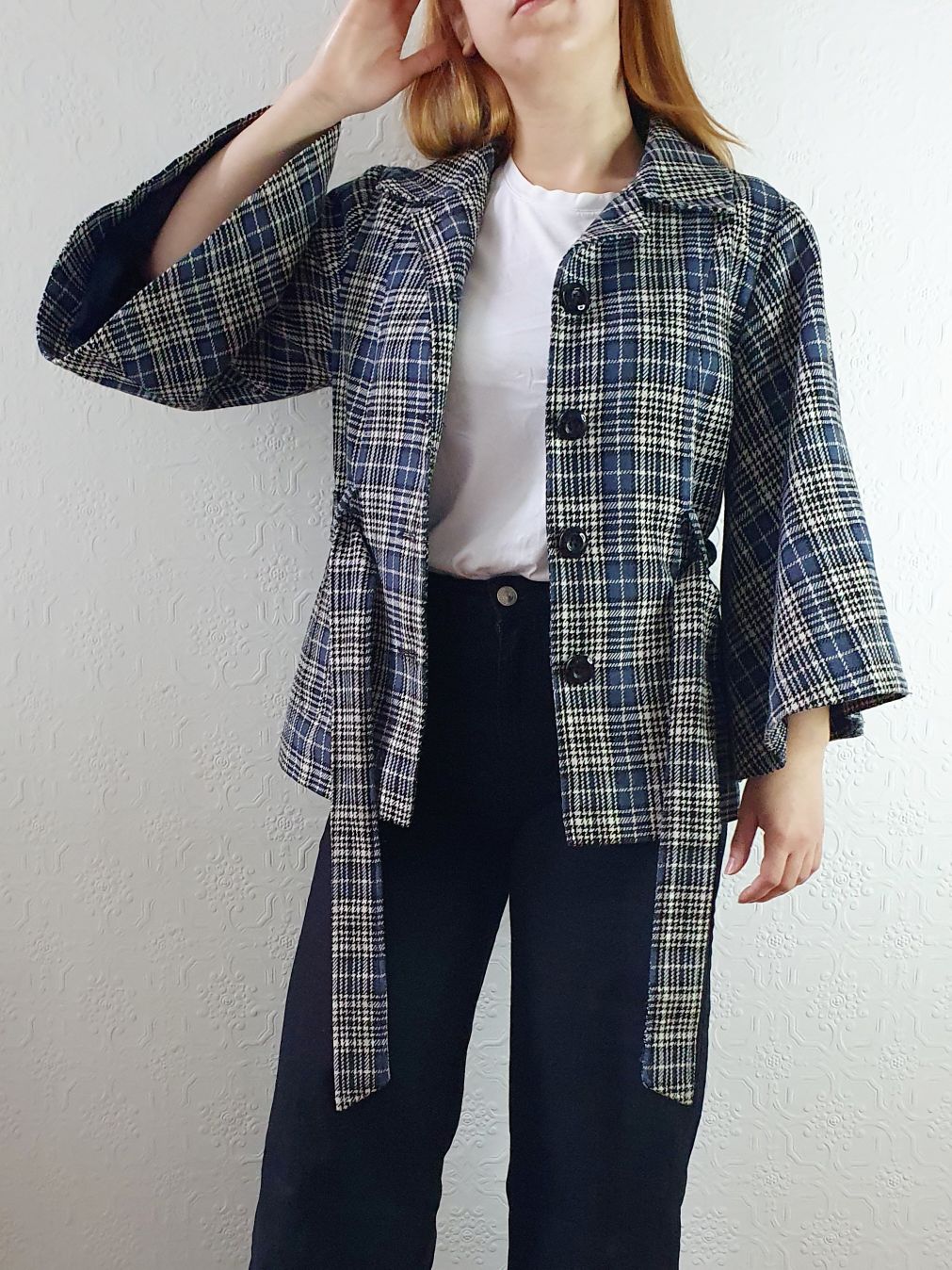 Vintage 90s Navy Check Tartan Bell Sleeve Wool Jacket with Belt - S/M - Image 7