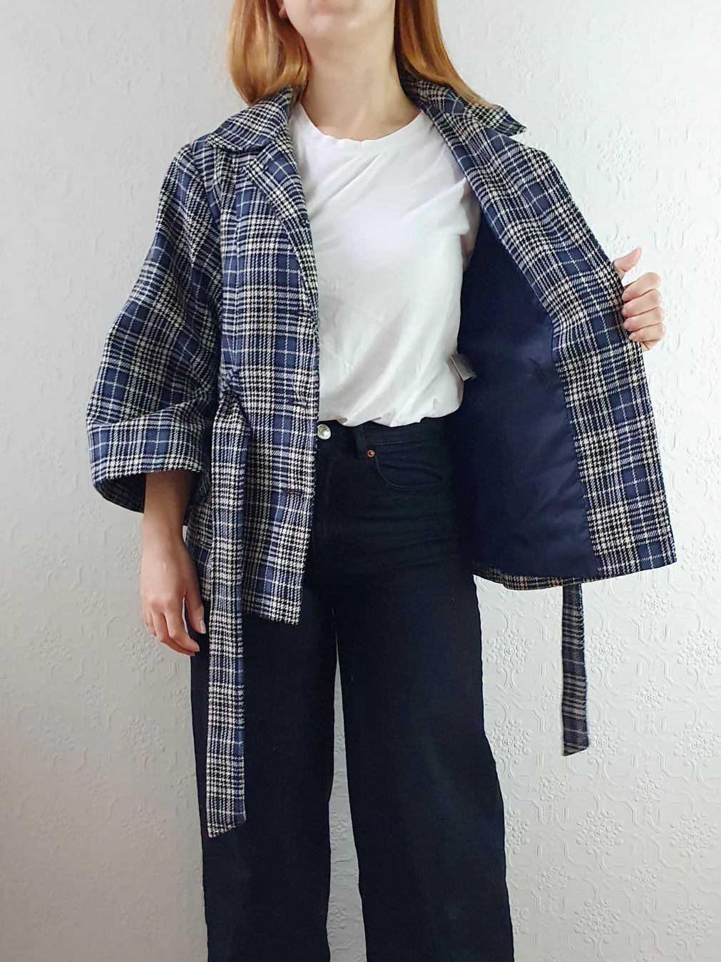 Vintage 90s Navy Check Tartan Bell Sleeve Wool Jacket with Belt - S/M - Image 8