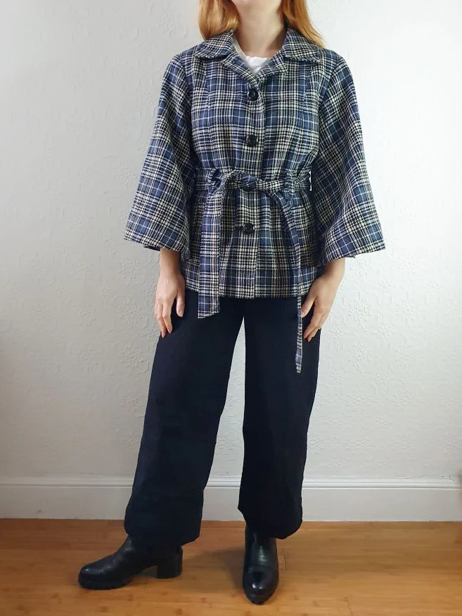 Vintage 90s Navy Check Tartan Bell Sleeve Wool Jacket with Belt - S/M - Image 9