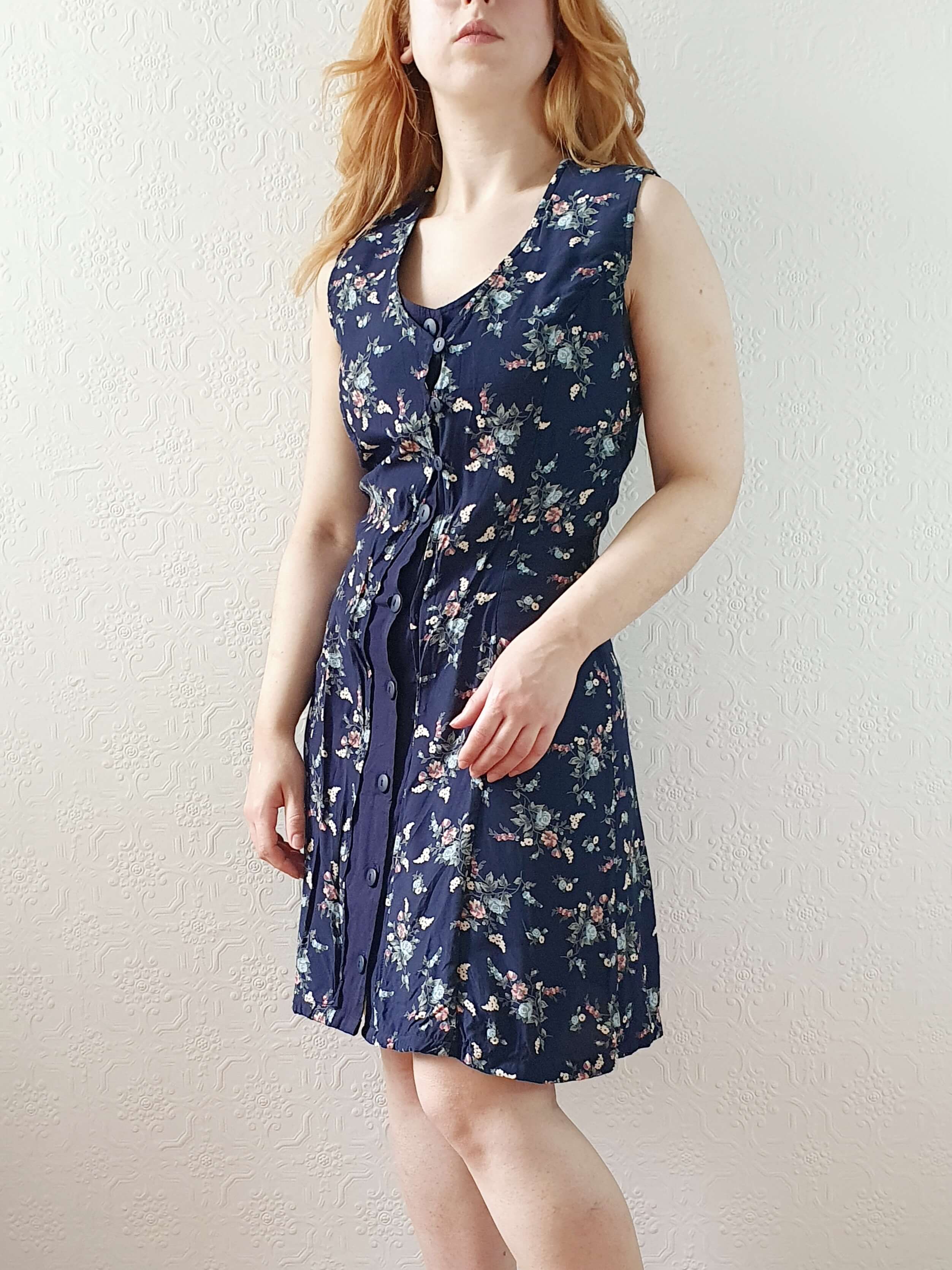 Vintage 90s Navy Ditsy Floral Double Layered Effect Sleeveless Dress - S