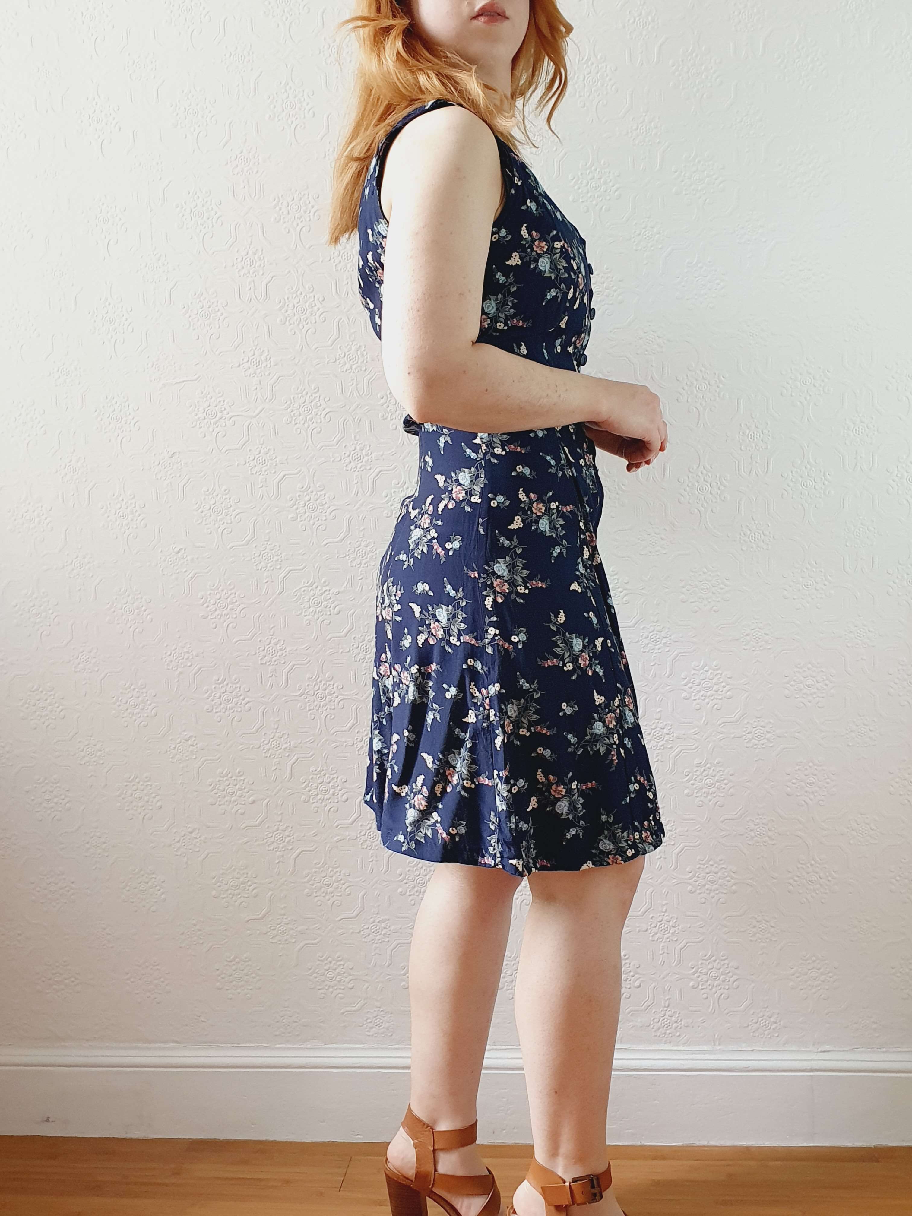 Vintage 90s Navy Ditsy Floral Double Layered Effect Sleeveless Dress - S - Image 10
