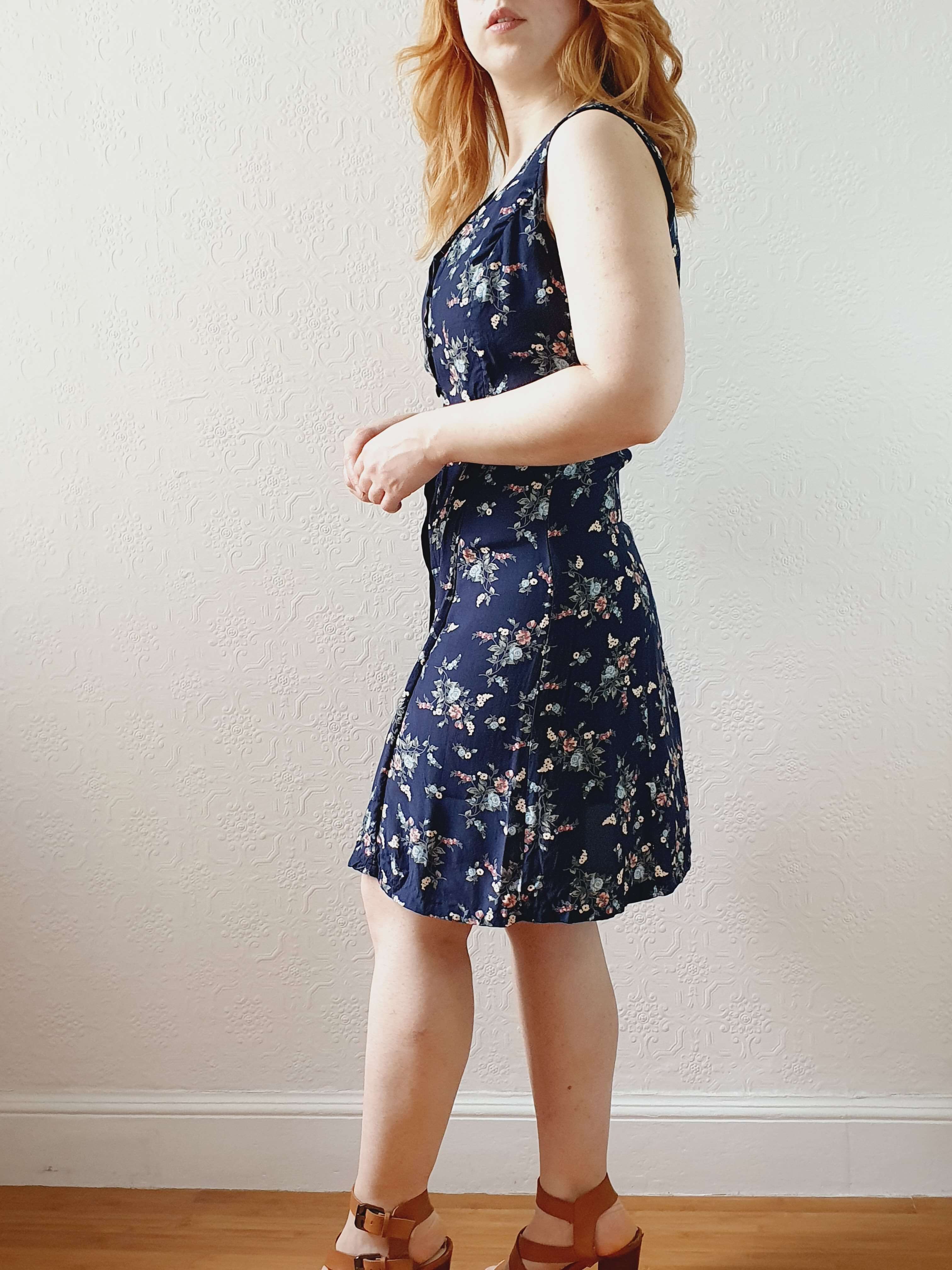 Vintage 90s Navy Ditsy Floral Double Layered Effect Sleeveless Dress - S - Image 11